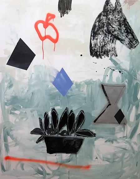 Horse and other things on green , 2016, mixed media on canvas, 146x114cm