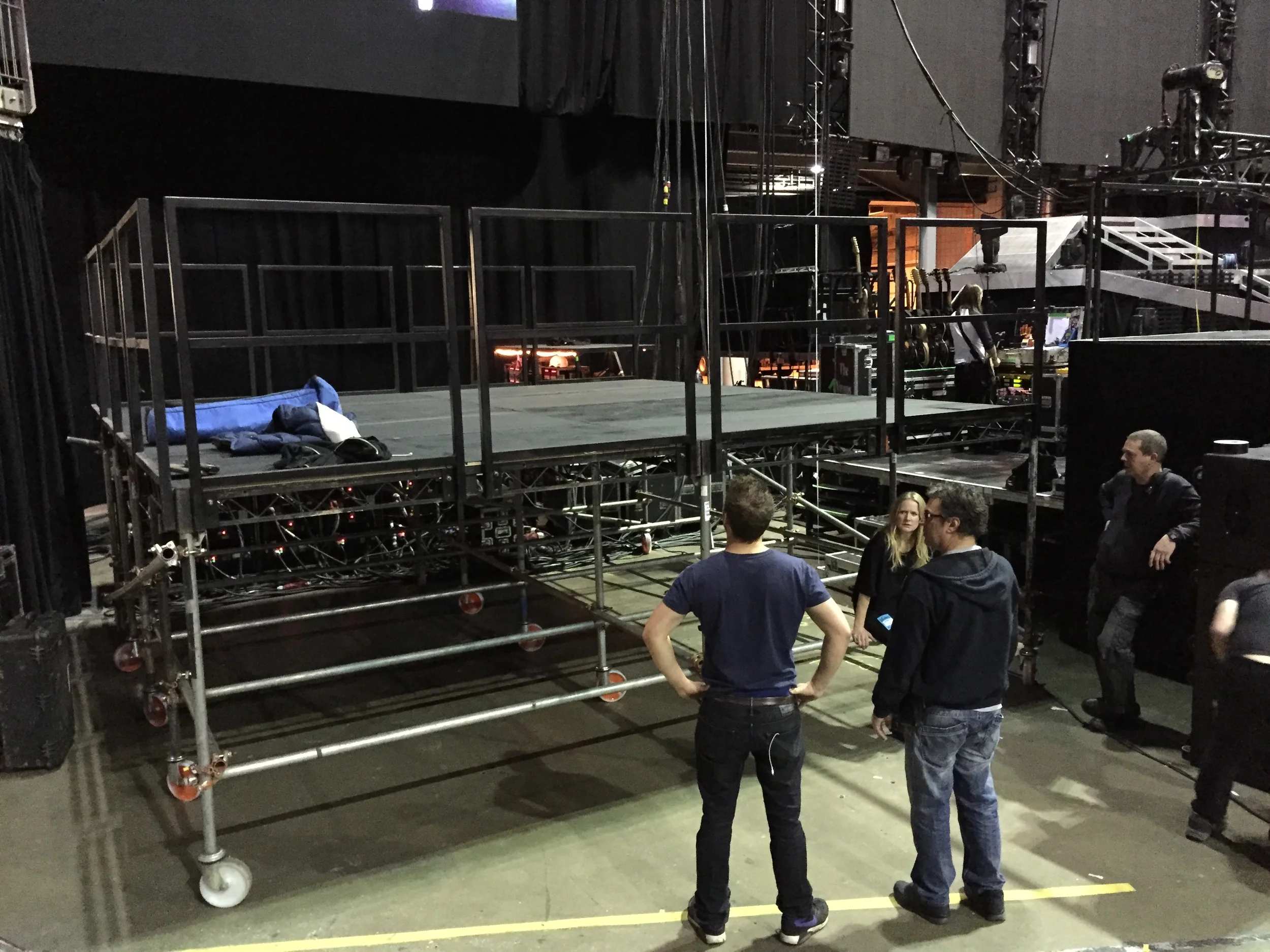 Jib platform in place next to the stage at the O2 Arena. Pictures are my Producer Amy James, DOP Nick Wheeler our stage manager and a ' grip '.