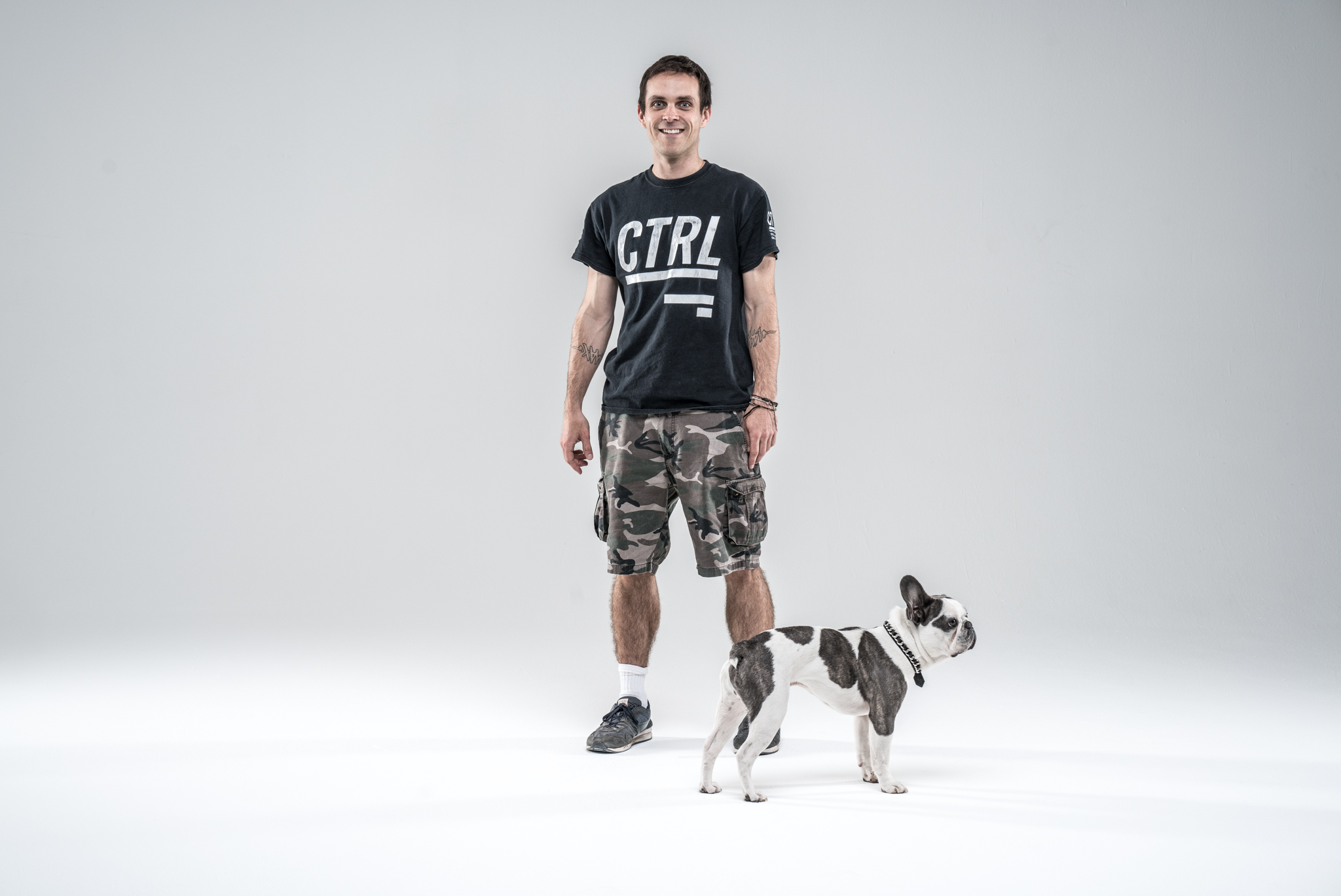 My lighting grip, Ben, stepping in for a test shot before the band arrive, and our on set Frenchie for the day, Maurice.
