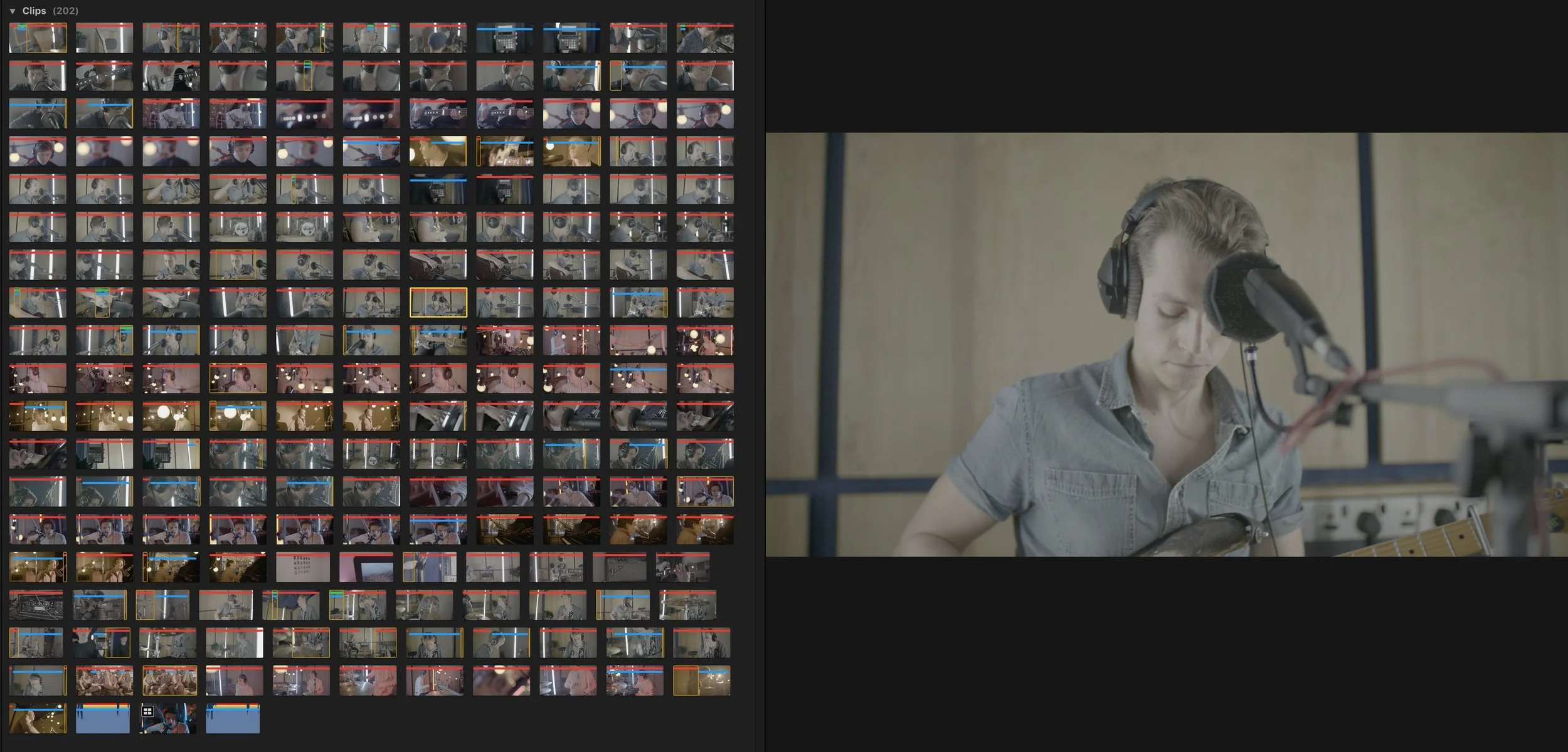 The red lines indicate rejected clips, which as I start to begin editing will be taken out of view as I don't need to see them. The blue areas are keyword sections of a clip and green indicates a favourite. You can click on the image to make it bigger if that floats your boat.