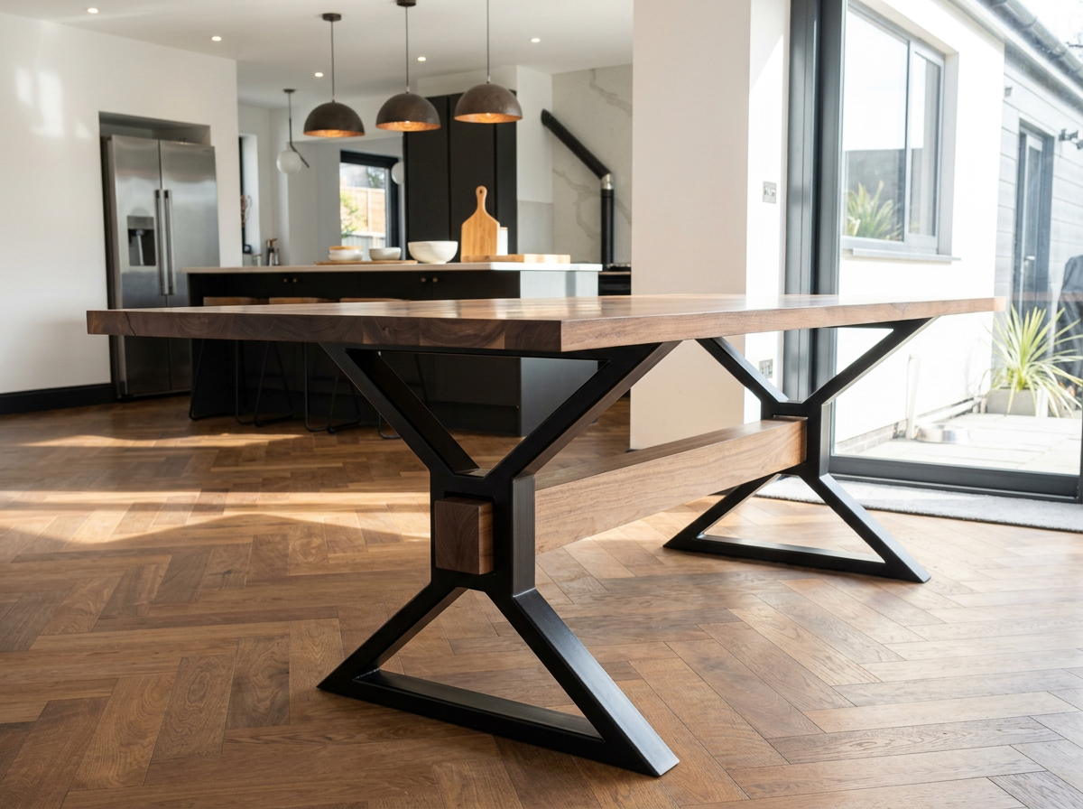 Modern kitchen with a large wooden dining table, black metal legs, and pendant lighting