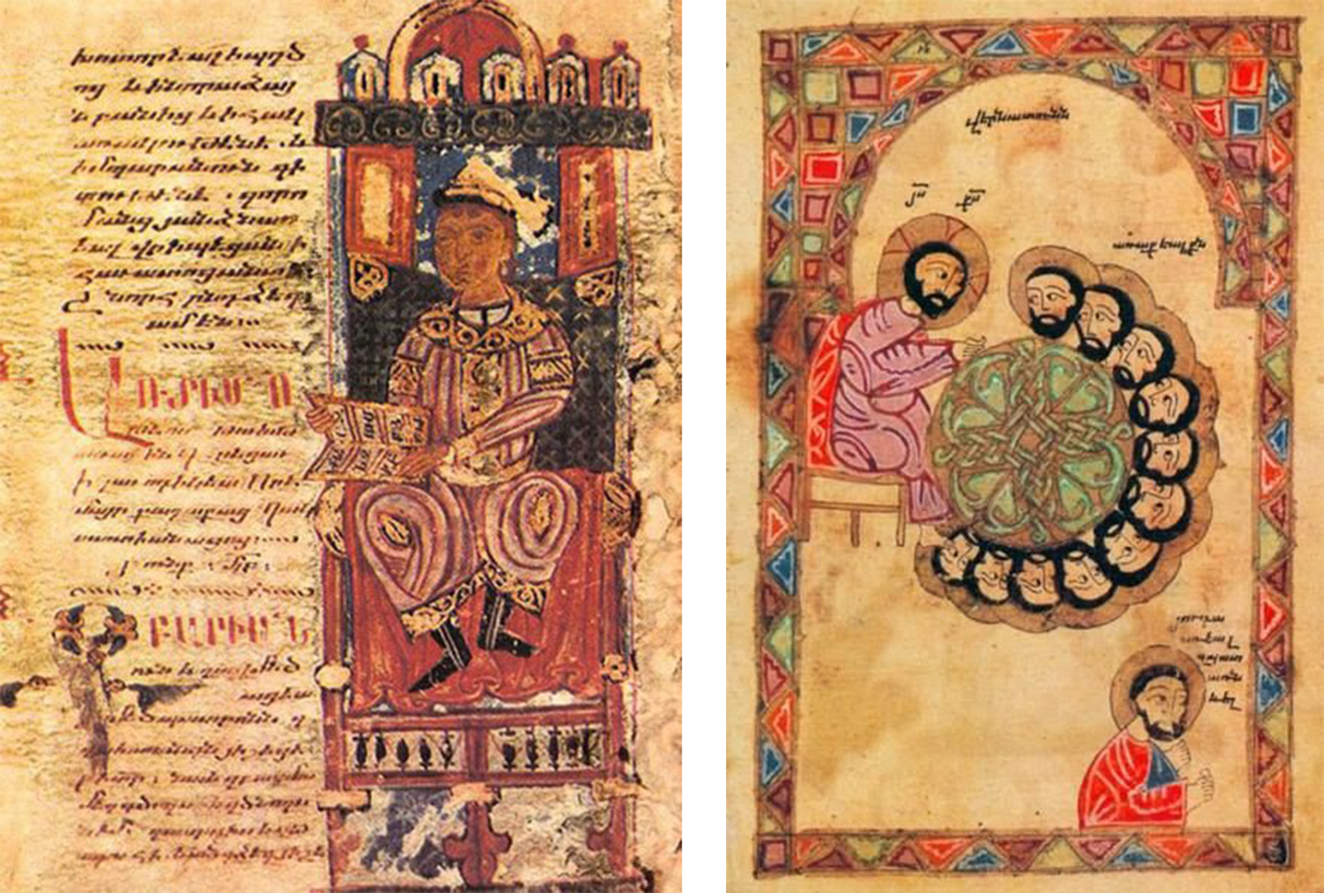 Слева: Князь Вахтанг (1182-1214), миниатюра начала XIII в. Справа: Тайная вечеря, рукопись из Хачена, конец XIV в. Фото: wikipedia.org