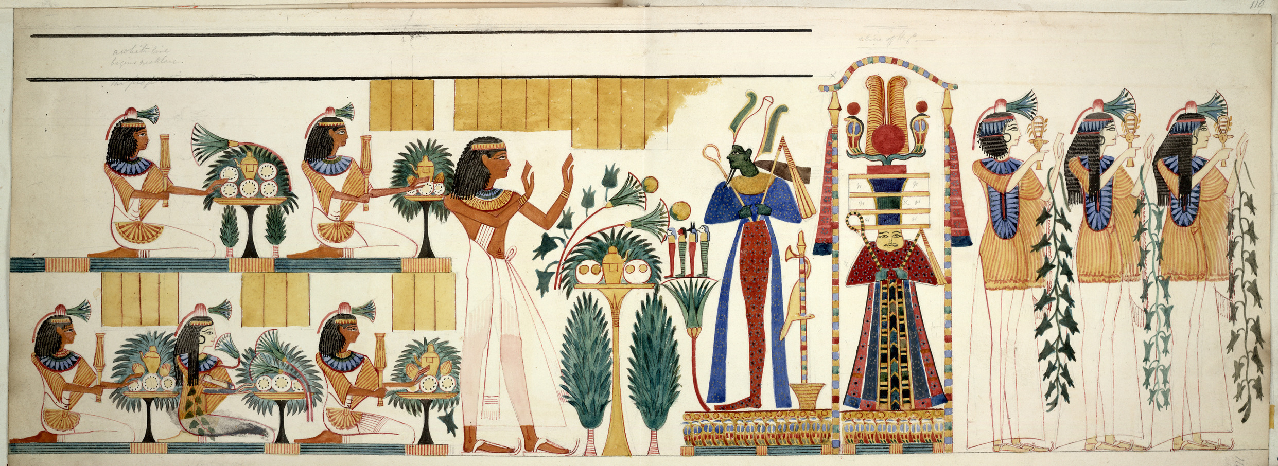 Egyptian tomb wall-painting. Procession of figures with offerings; part of a wall-painting from the tenth tomb at Gourna, Thebes. Made during an expedition to Egypt organised by Robert Hay between 1826 and 1838. Image courtesy of Wikimedia Commons.
