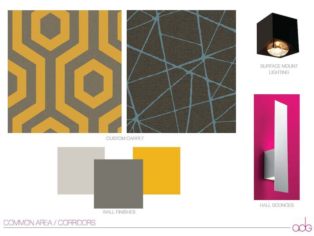 A mood board of finishes for the hotel’s common areas.