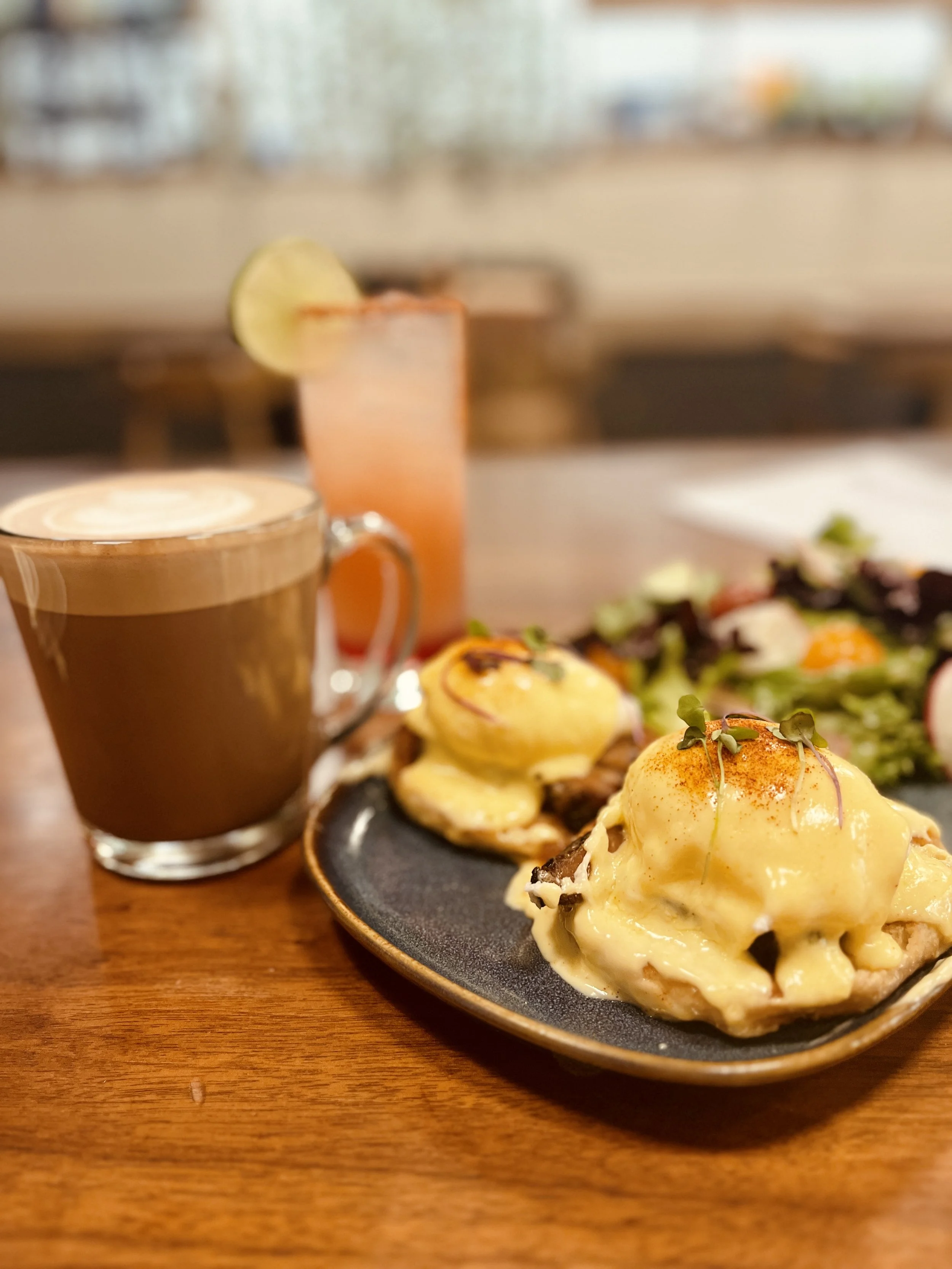 Fried Chicken Benedict with Latte and Prickly Paloma