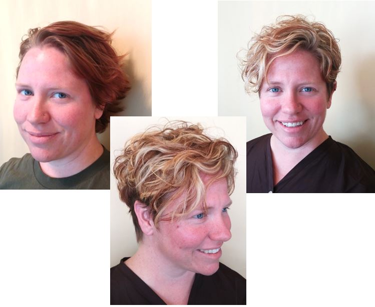 Check out Gina's brilliant blend of contrasting warm colors and an edgy cut to match to welcome the summer season! *left: before; center & right: after* Shouts to Ali for being such a lovely canvas!