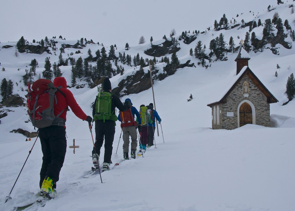 Ski touring on the first day of the Ortler ski tour