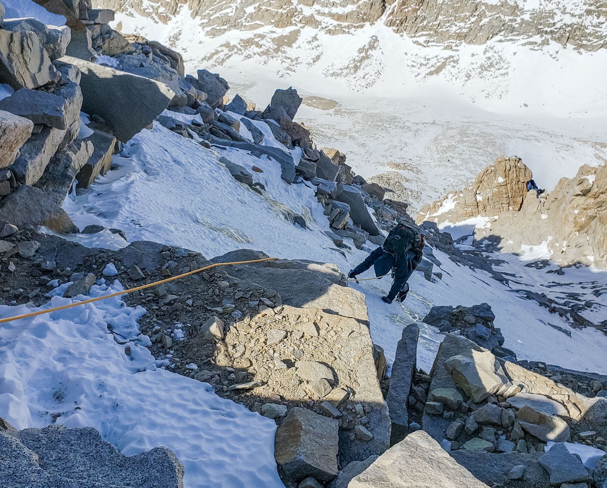 Ice climbing high on the Mt. Whitney in winter