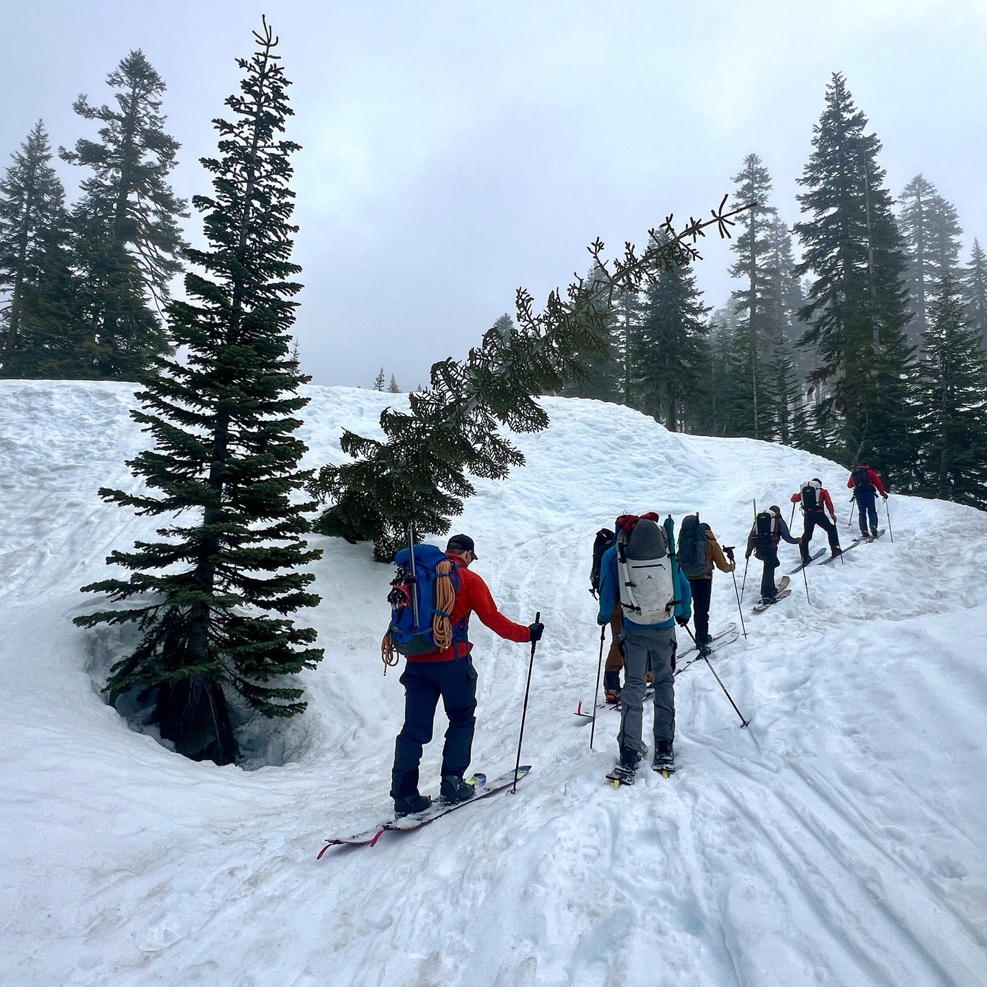 Our 2024 Shasta guides team moving up and over a massive 40 foot deep pile of avalanche debris low, low down on Mount Shasta just 5 minutes from Bunny Flat. This was the terminus of the avalanche that came down last February (We currently dont have t