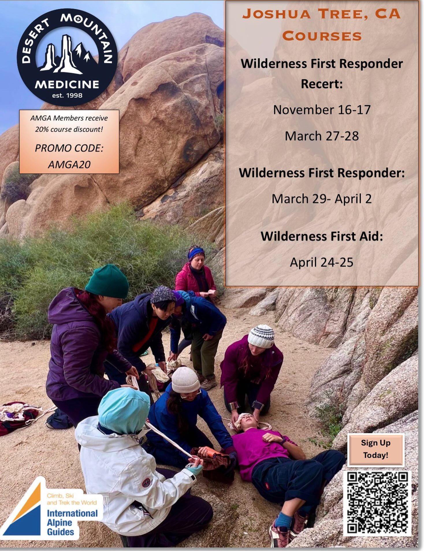 &amp; **Wilderness Medicine in Joshua Tree!**
**Wilderness First Responder Recertification - November 16-17!** Filling Fast! **AMGA Members receive 20% off!
**
Use promo code **AMGA20**
#DesertMountainMedicine #InternationalAlpineGuides
#WildernessMe
