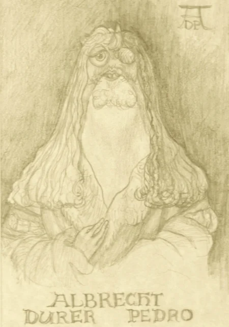 In case it isn't obvious to you fans of fifteenth and sixteenth century German engraving, this was inspired by Albrecht Durer's self portrait, c irca 1500ish.