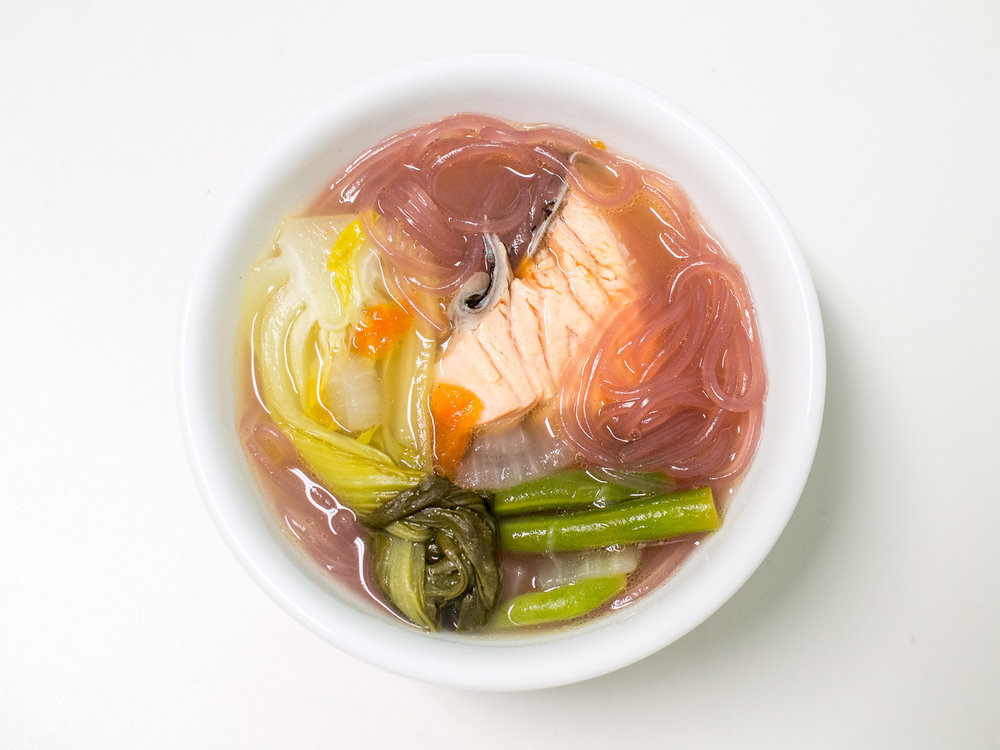 Salmon Sinigang with Purple Sweet Potato Vermicelli