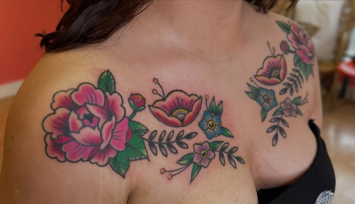 Completed chest piece, inspired by Mexican heritage embroidery 🌸🌺🌼 Lines healed, left side color fresh, right side color healed. Thank you Rosa for the trust and commitment!