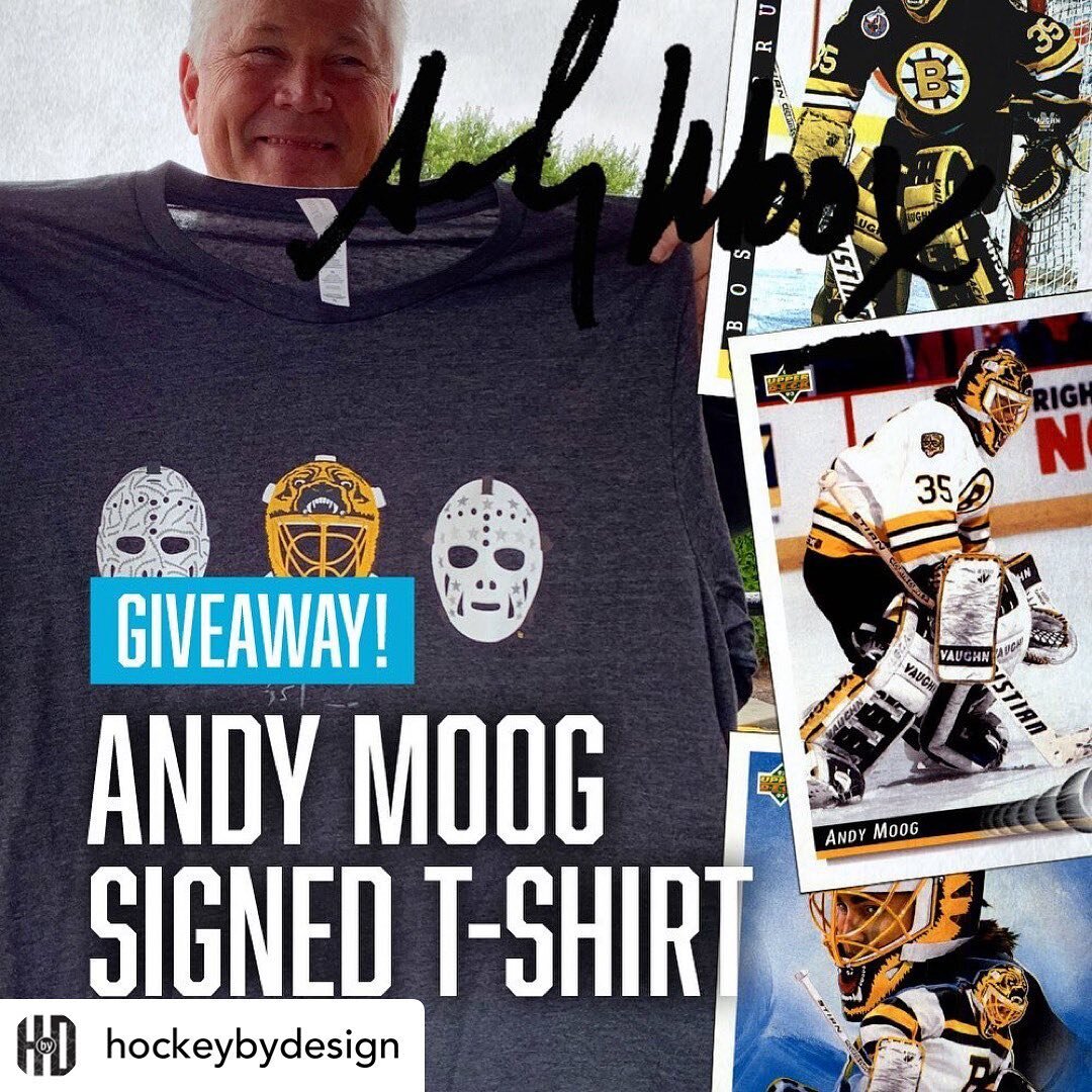 Posted @withrepost &bull; @hockeybydesign 🥅 #MASKMONDAY GIVEAWAY! 🥅
This fall we got to meet Andy Moog, and now we&rsquo;re giving away a Boston trio shirt signed by the Bruins legend to a lucky follower! To enter, between now and Friday, November 