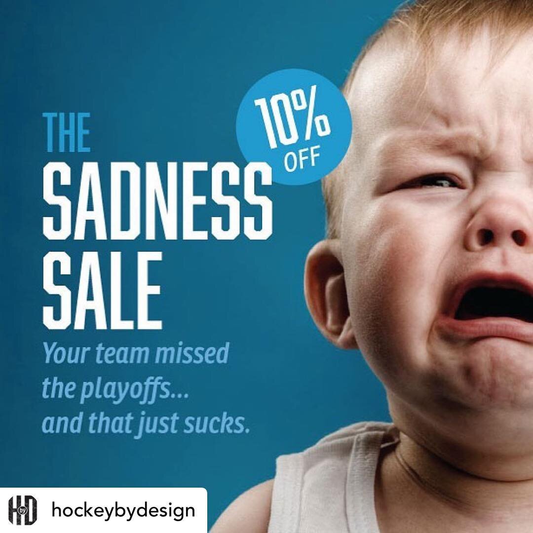 Posted @withrepost &bull; @hockeybydesign 🚨 SALE ALERT! 🚨 
The Sadness Sale is now live! All teams that miss the playoffs get a 10% discount on all their merchandise! 🛒: Market.hockeybydesign.com