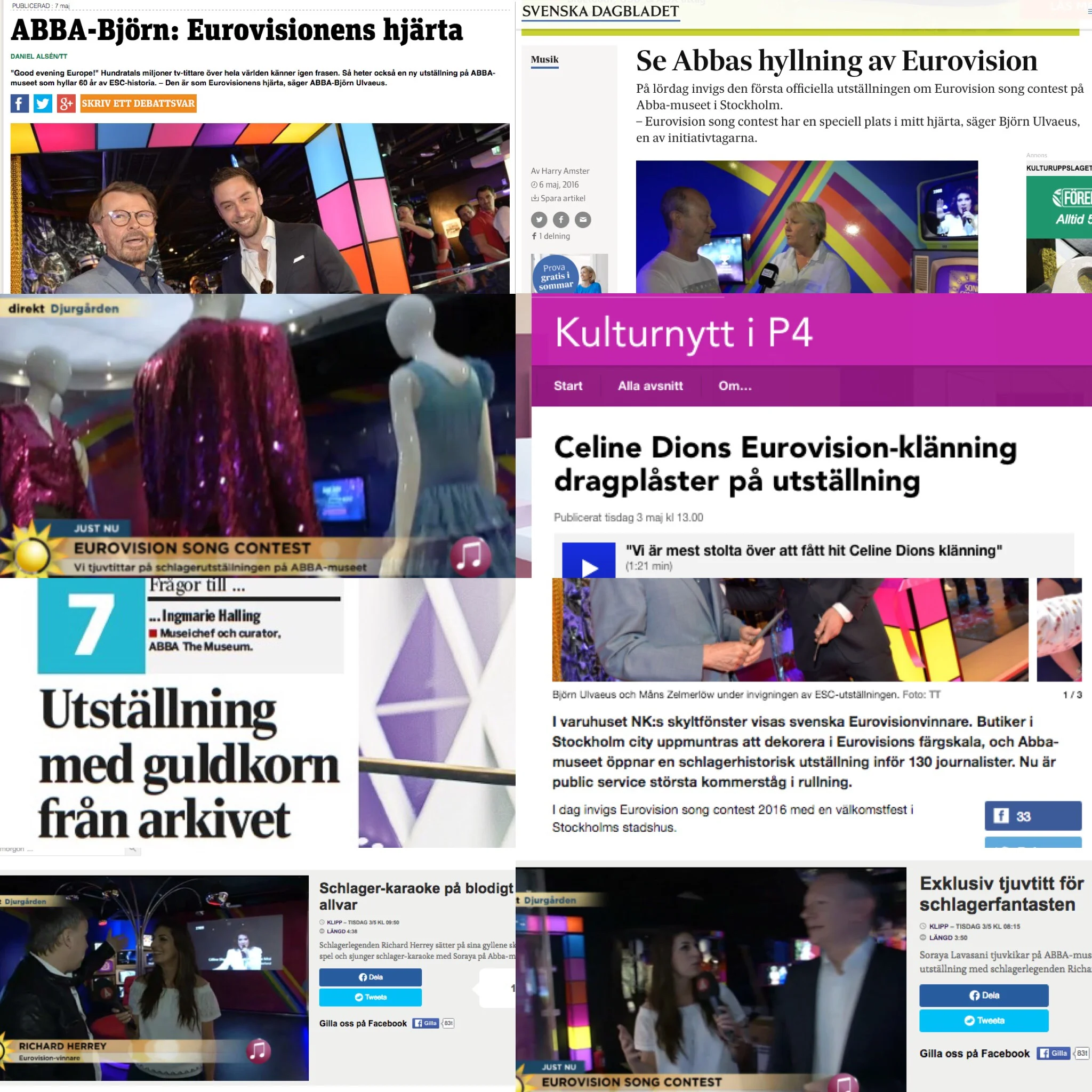 Ett axplock av pressgenomslaget för ABBA The Museum våren 2016. Bilder från SVT, TV4, TT/Metro, DI Weekend, SR Kulturnytt och SvD.