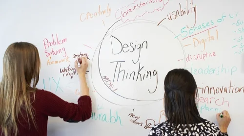 MDEI students brainstorming on the white wall in a project room.