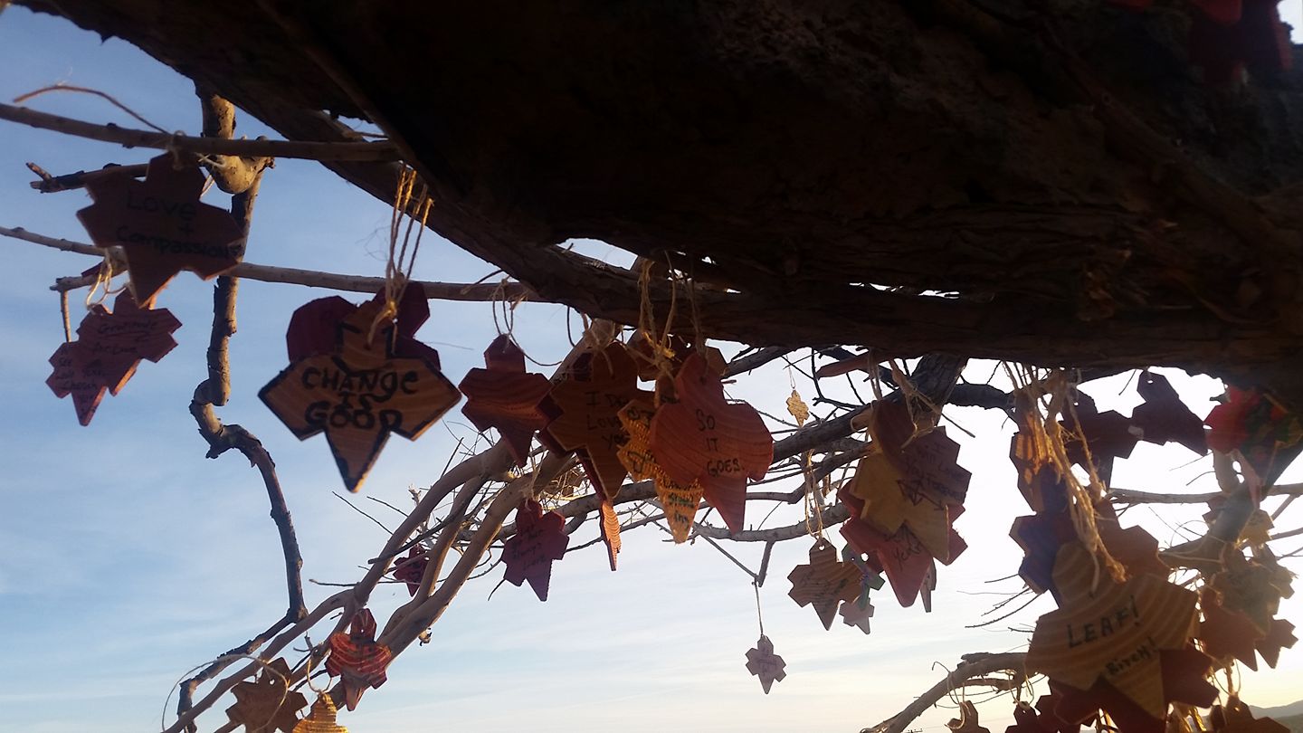 Particpants were encouraged to write on wooded leaves and hang them in the tree.
