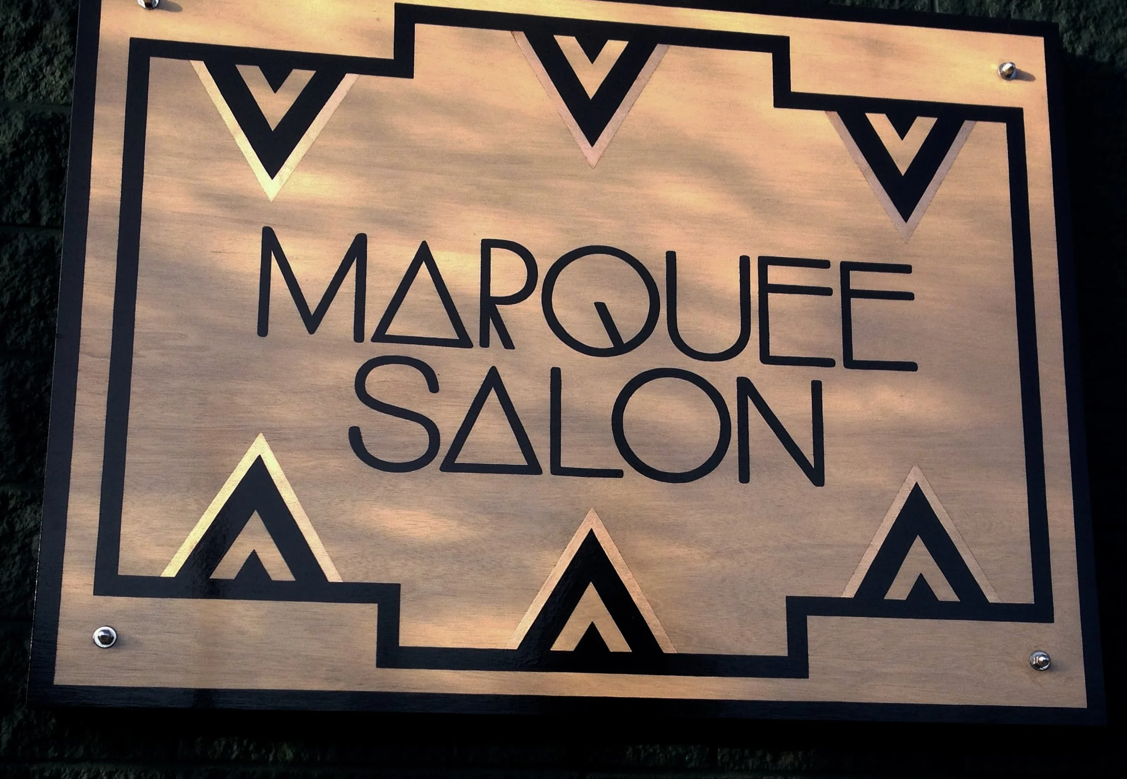 STARCADE DESIGNS CUSTOM DESIGN FOR MARQUEE SALON SIGNAGE/ CUSTOM SIGN PAINTING AND COPPER FOIL APPLICATION BY SF SIGNS / ©MARQUEE SALON .