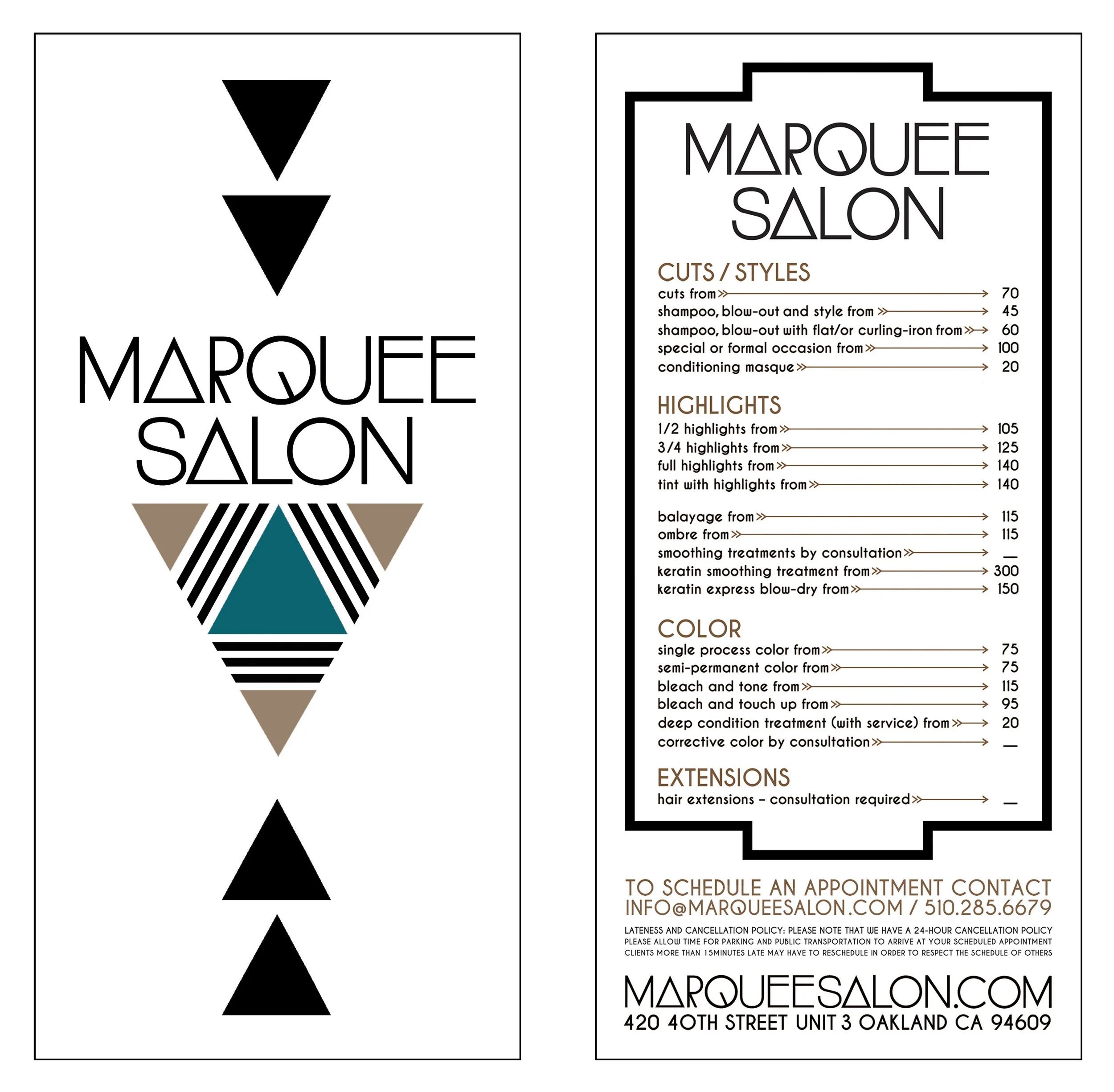 STARCADE DESIGNS FOR MARQUEE SALON / SALON MENU / ©MARQUEE SALON .