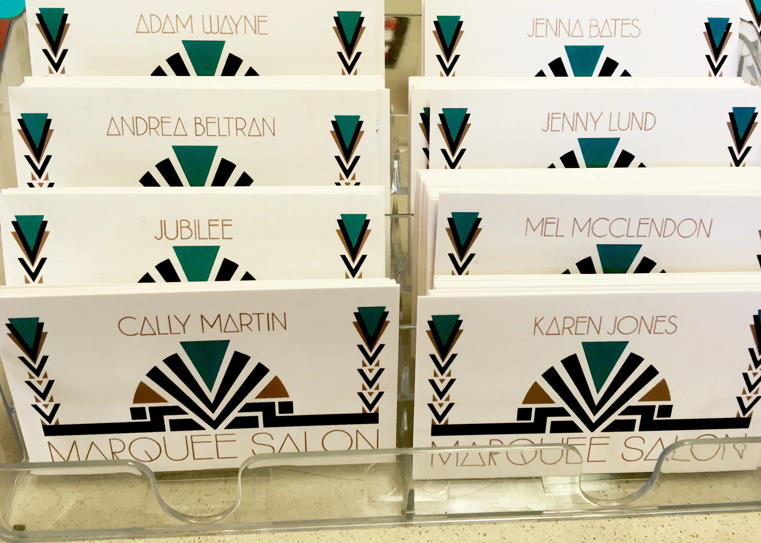 DESIGN FOR PRINT FOR MARQUEE SALON BUSINESS CARDS .