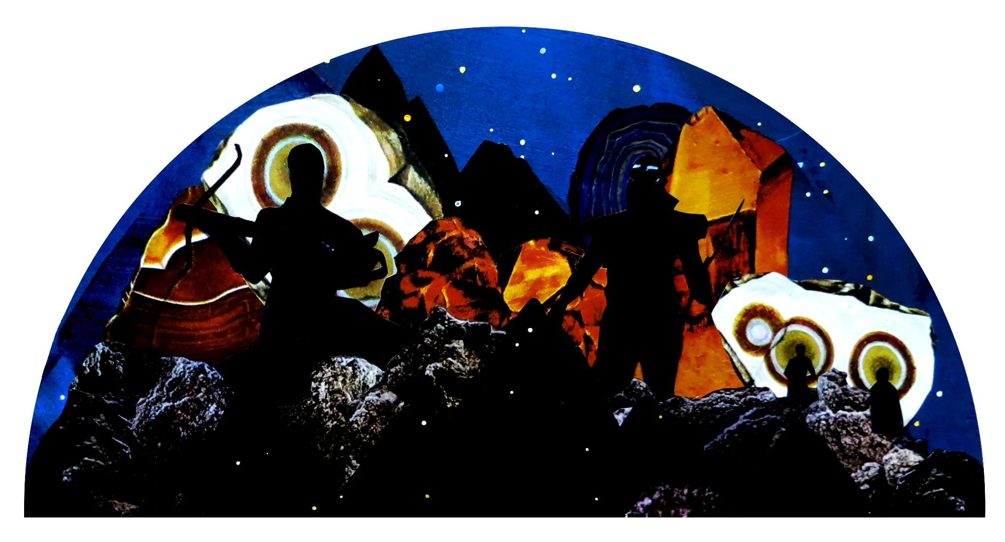 SPACE WARRIORS / MIXED MEDIA PAPER COLLAGE WITH GOUACHE & ACRYLIC / 13X25IN .