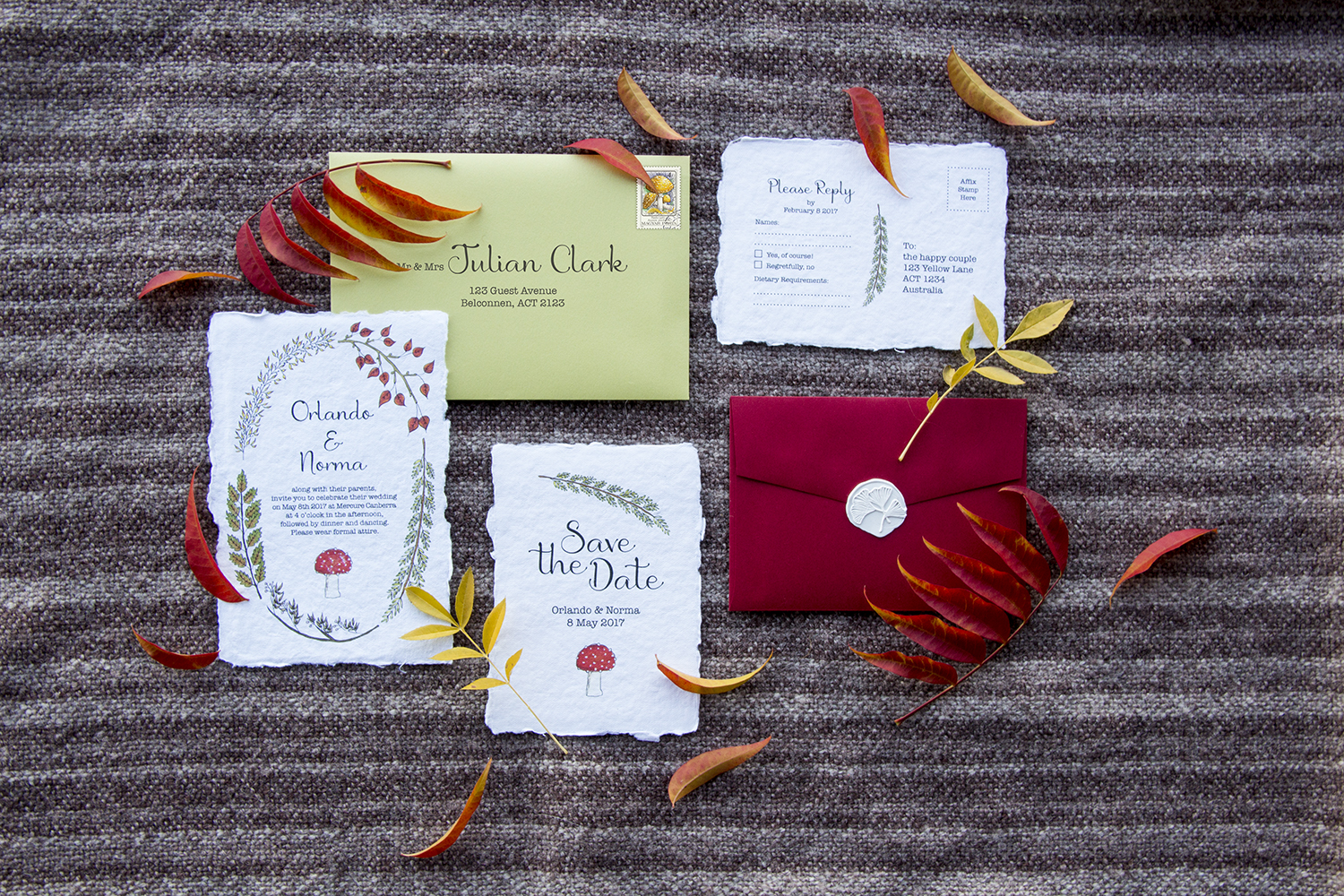 Autumnal woodland wedding invitations