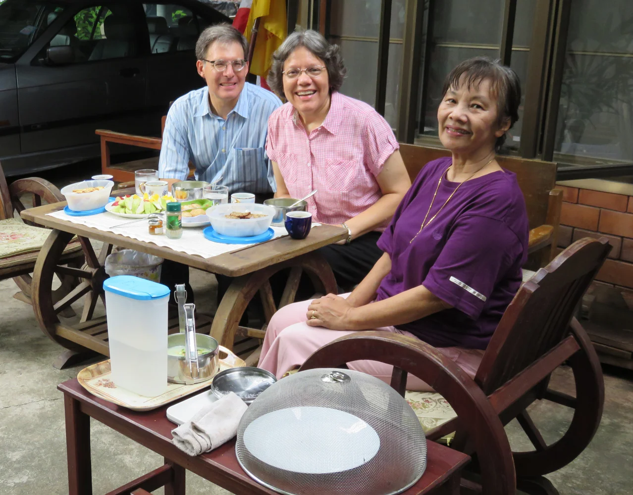 The Dannekers share fellowship and refreshments with their new friend, Att.