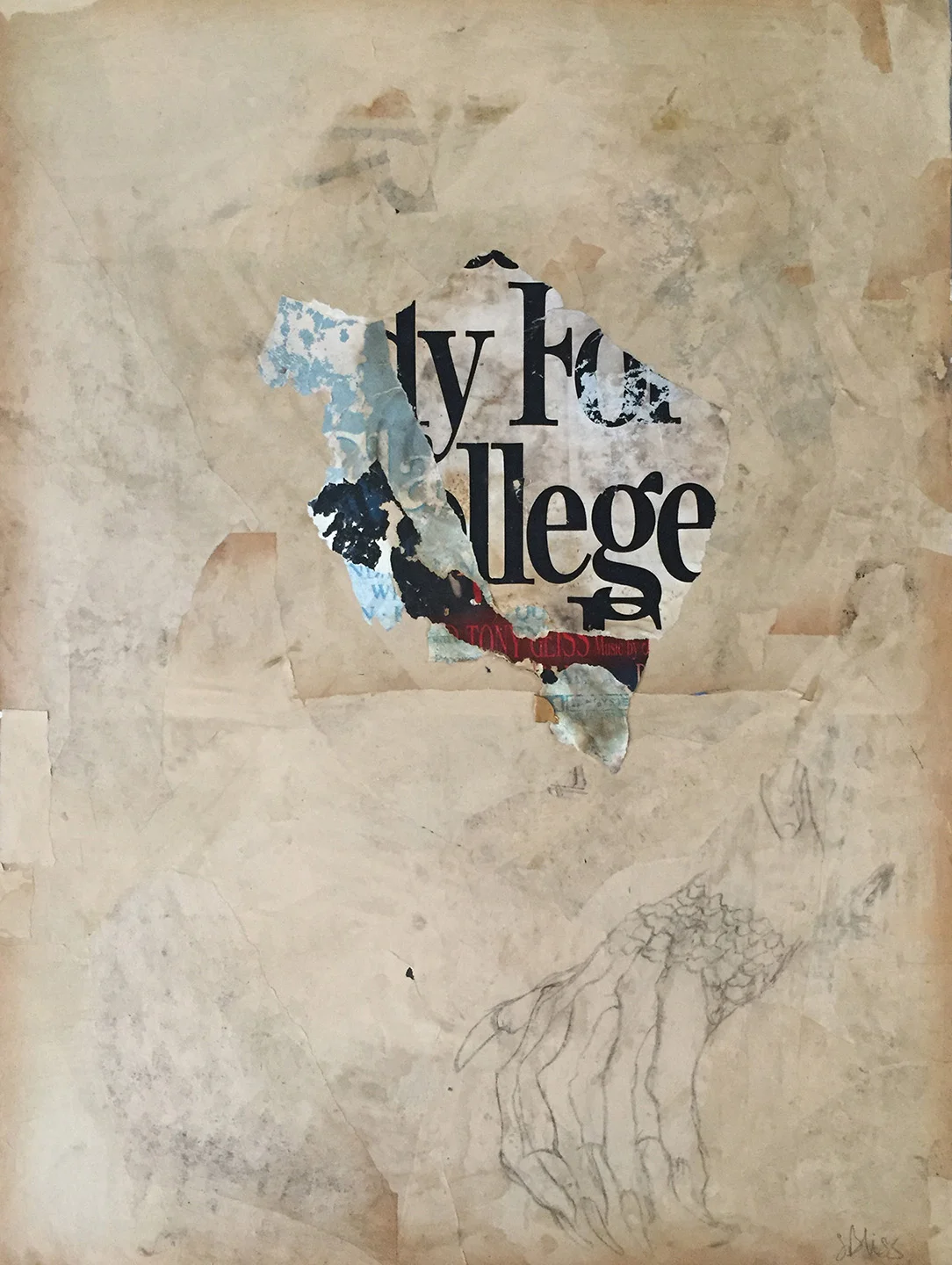 THE REPTILIAN DROWNS. RIPPED, RE-COMPOSED STREET POSTERS ON VINTAGE PAPER AND PENCIL. 23” X 31”