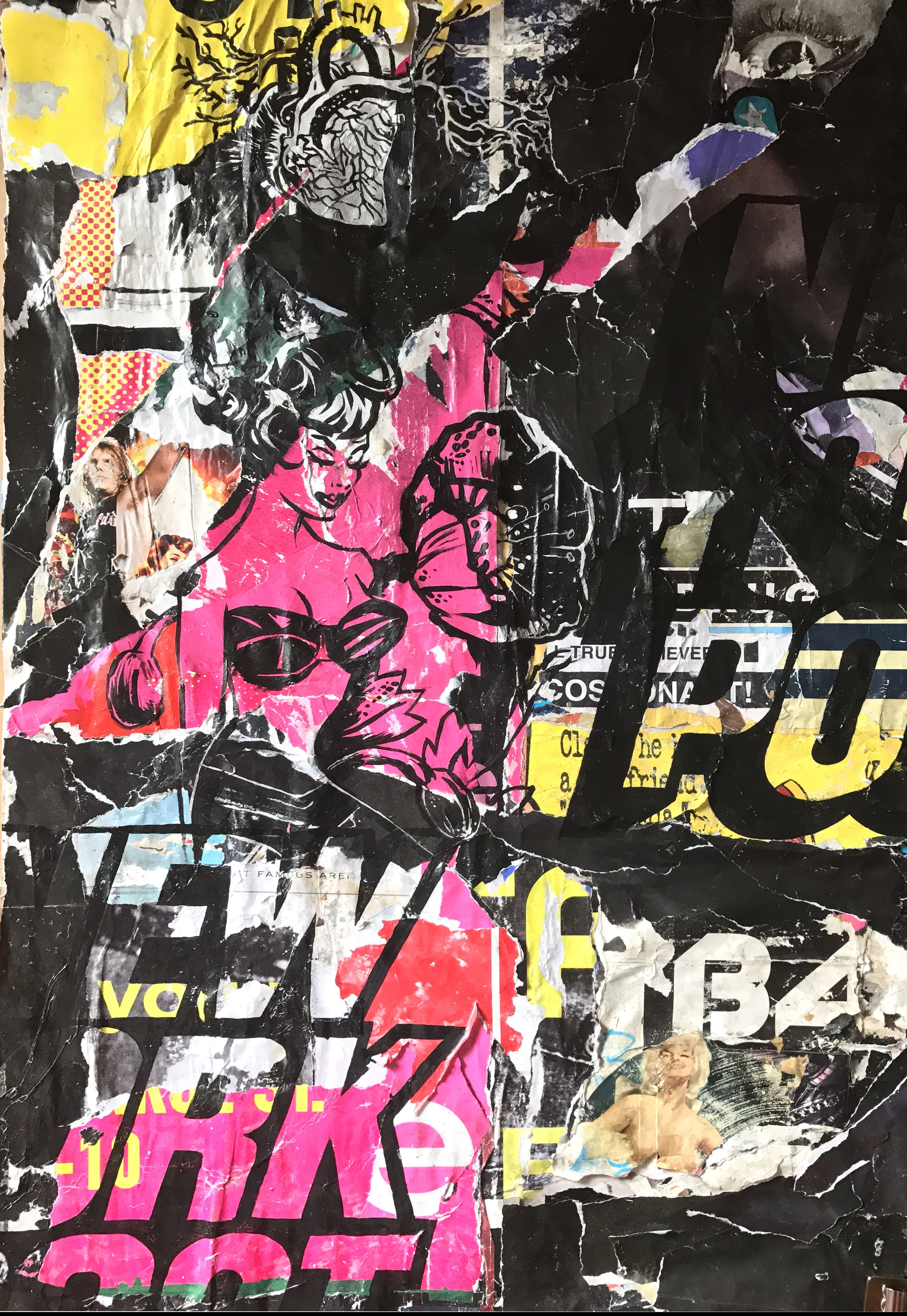 THE PERSUASION OF OPIATES. V.01. SPRAY PAINT & ACRYLIC INK ON TORN AD POSTERS. 29" x 19”