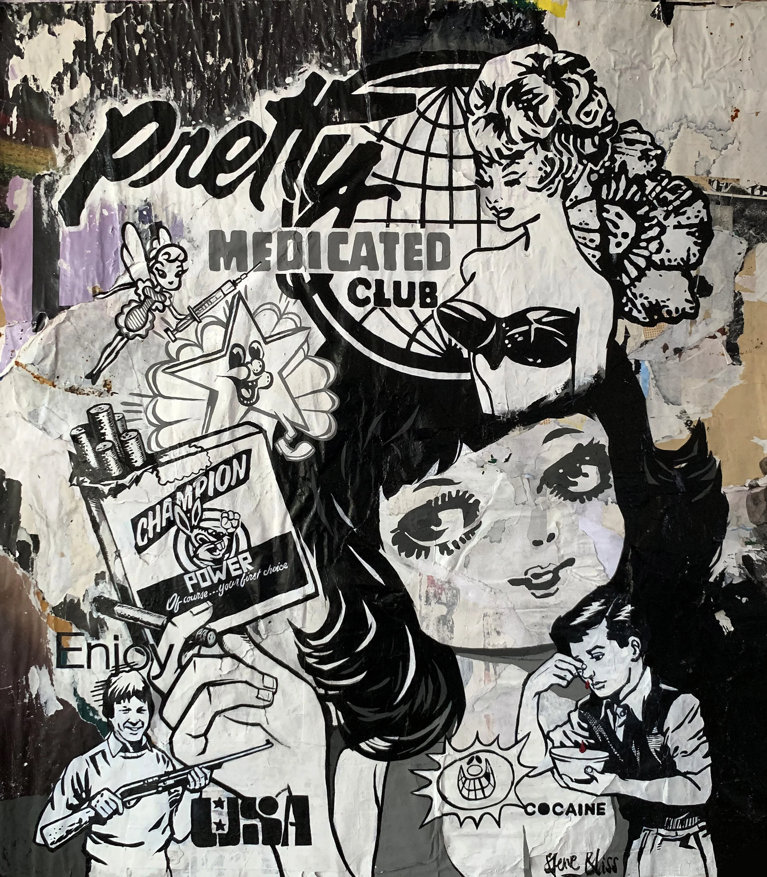 PRETTY MEDICATED CLUB. ACRYLIC PAINT ON TORN POSTERS.