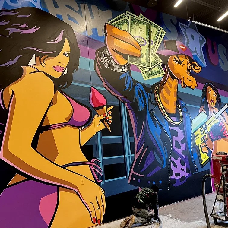 Mural in situ, Chicago, 2023. See person kneeling on floor for scale.