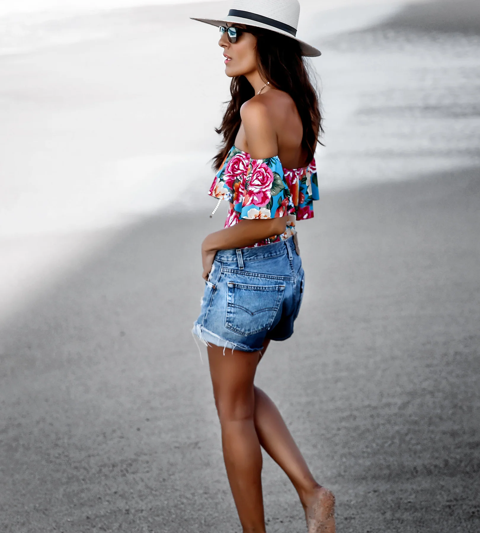 Off the Shoulder Farm Praia Swimsuit with Levis shorts .jpg