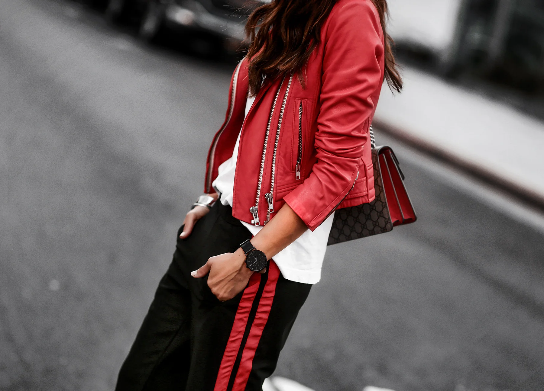 Who What Wear Target Track Pants and Gucci Dionysus Bag IRO Red LEather Jacket.jpg