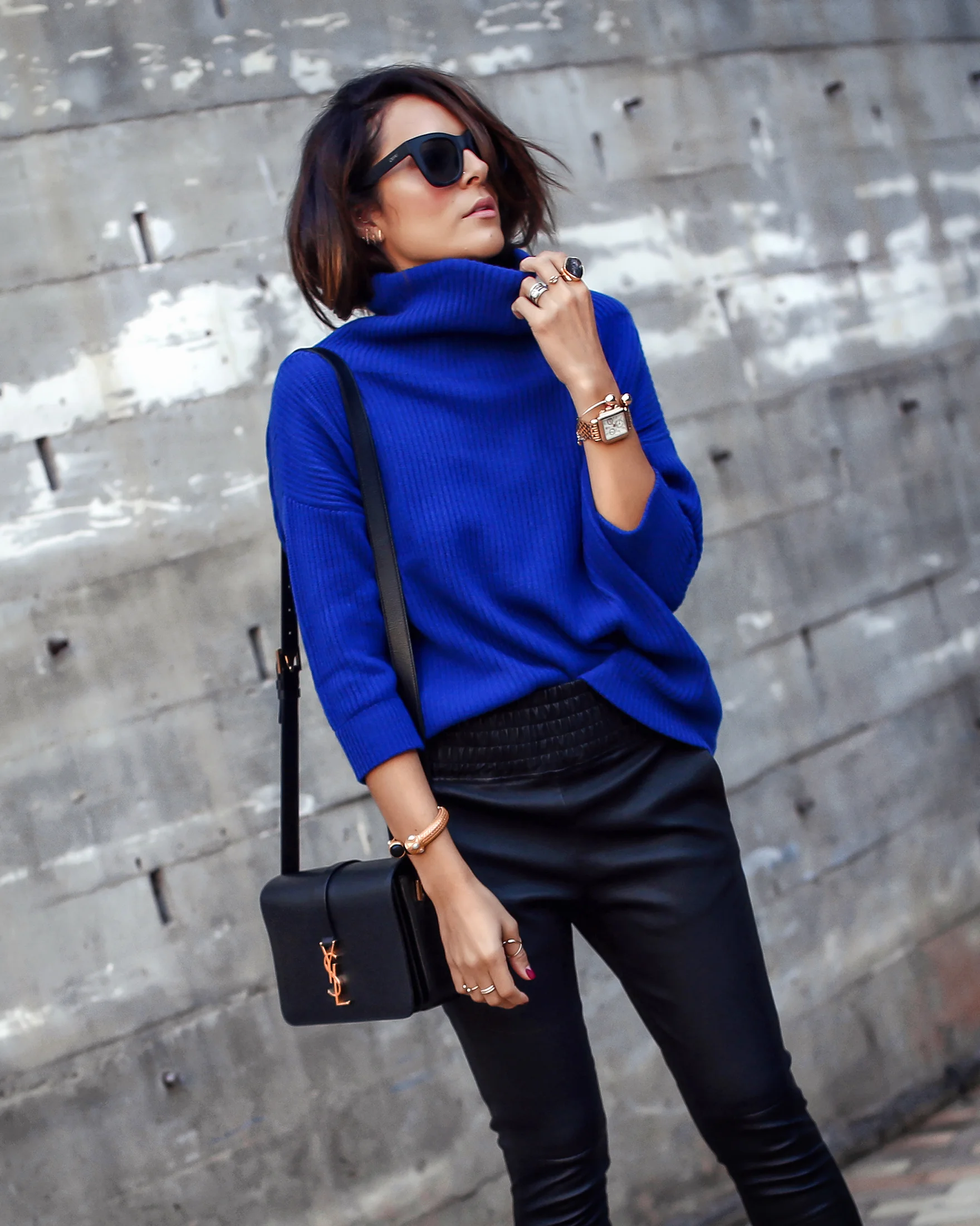Brunette Woman Wearing Cashmere Sweater Leather Pants