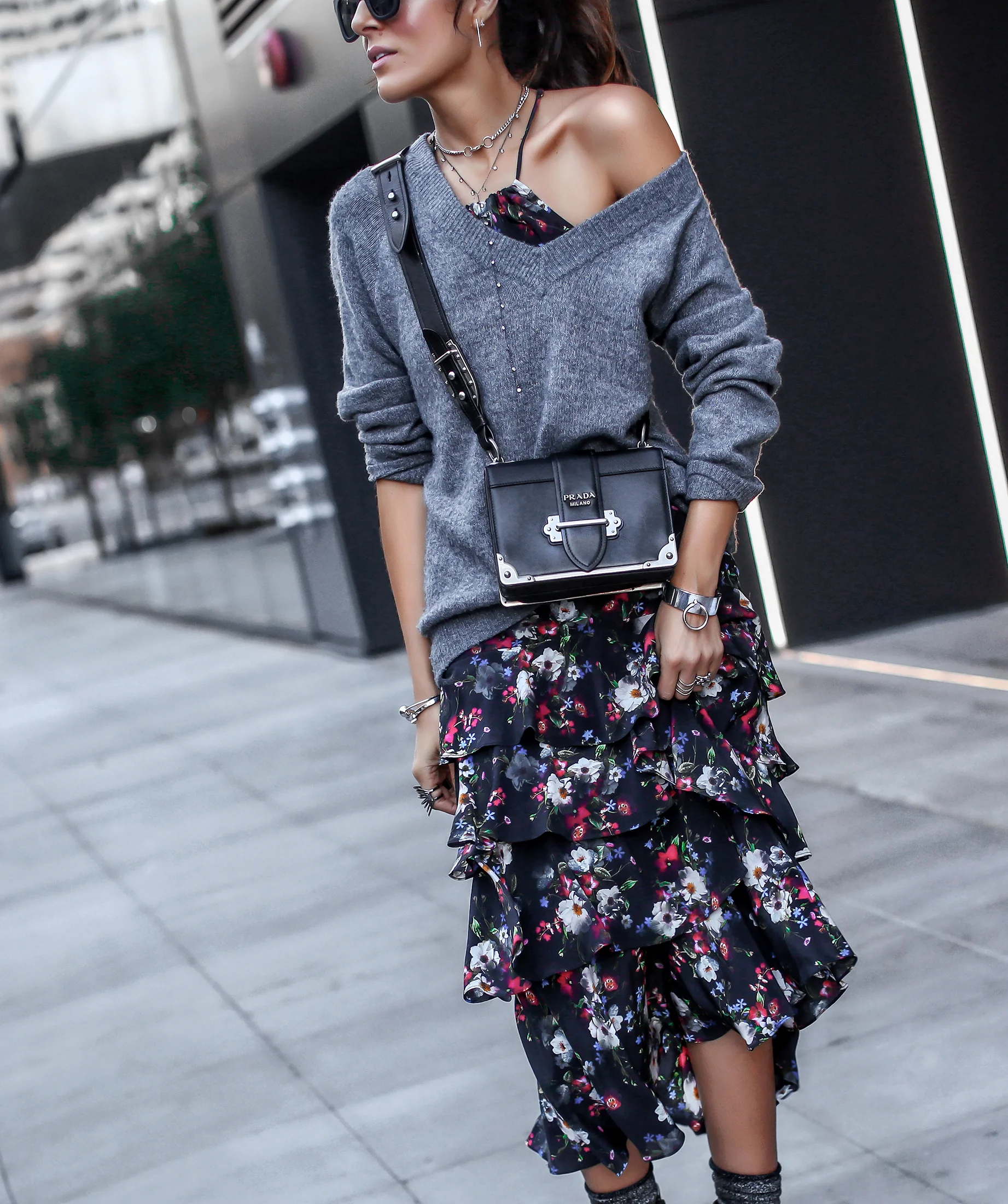 Brunette Woman Wearing Floral Dress and Sweater