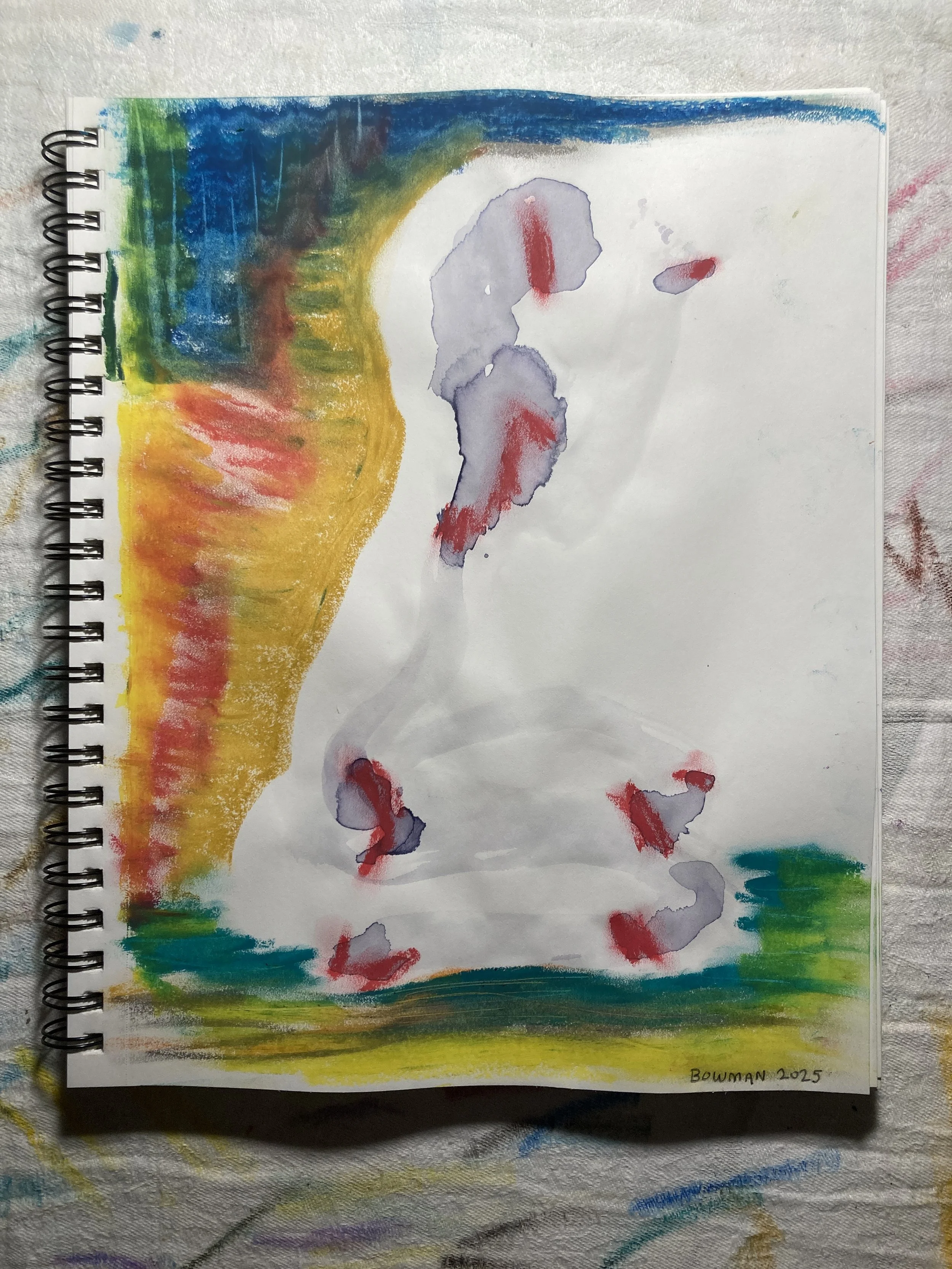 Rina In Prayer, hibiscus tea, oil pastel, and pencil on paper, 2025 