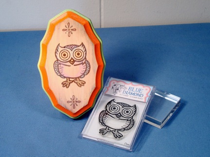 Stamp: Owl , Ink: Palette Hybrid in Burnt Umber , Image Color: colored pencils, Border: acrylic paint