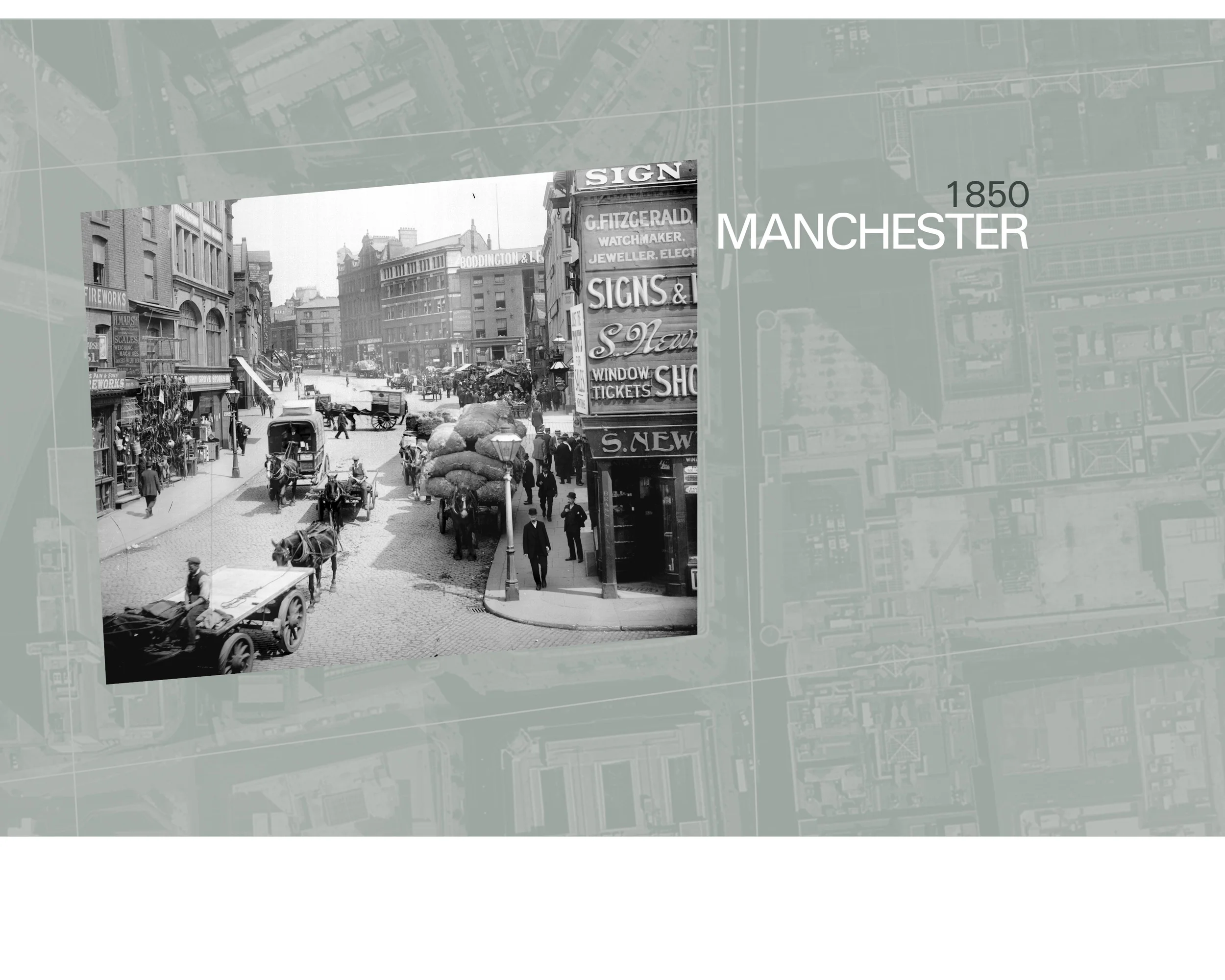 Video screen shot: Intro provides a brief historical perspective of Manchester told through graphics, photos and ambient street sounds. 