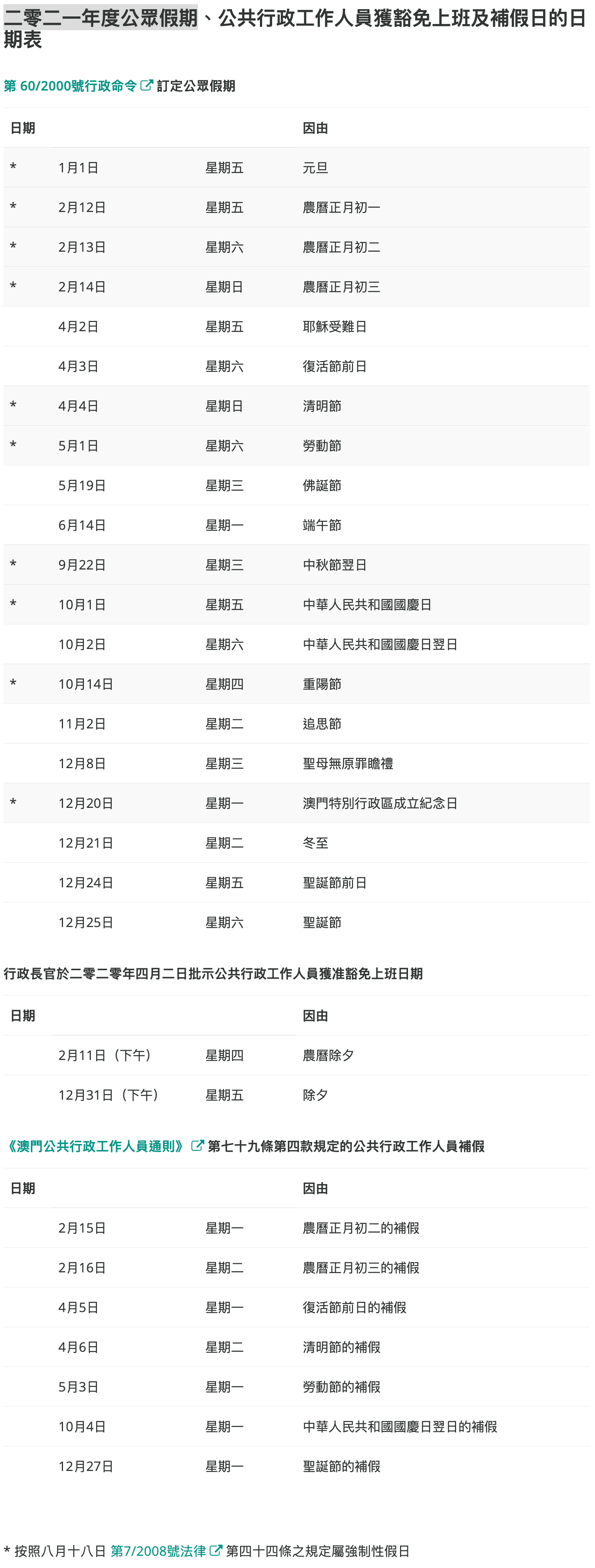 2021 年度公眾假期已公佈，公務員明年共 7 天補假 — jobscall.me 澳門好工作