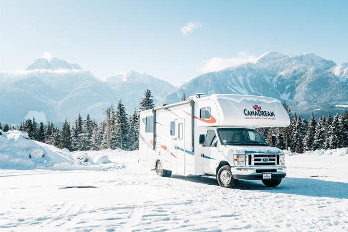 RV on a guided campervan ski tour of the Powder Highway.