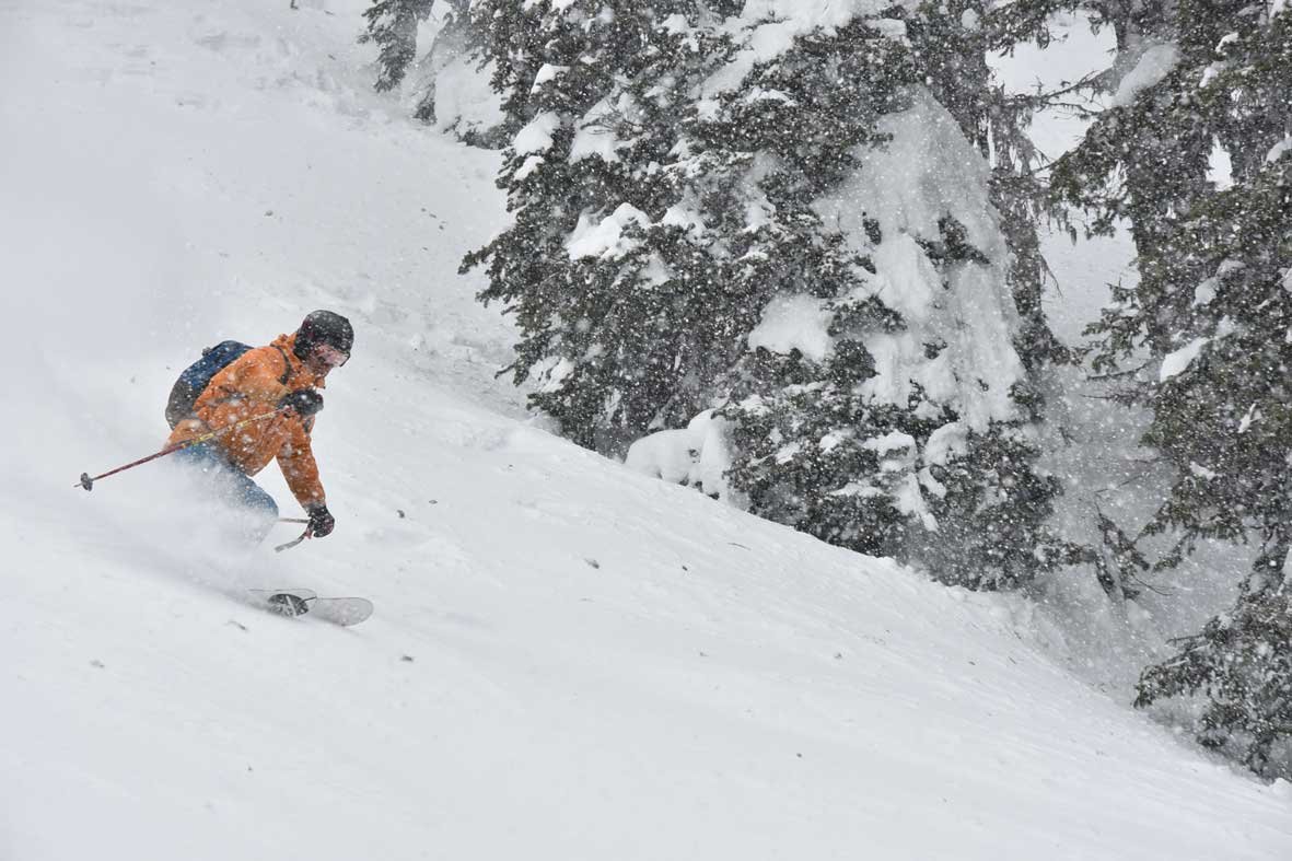 Backcountry skiing on a intro to powder ski course in British Columbia, Canada.