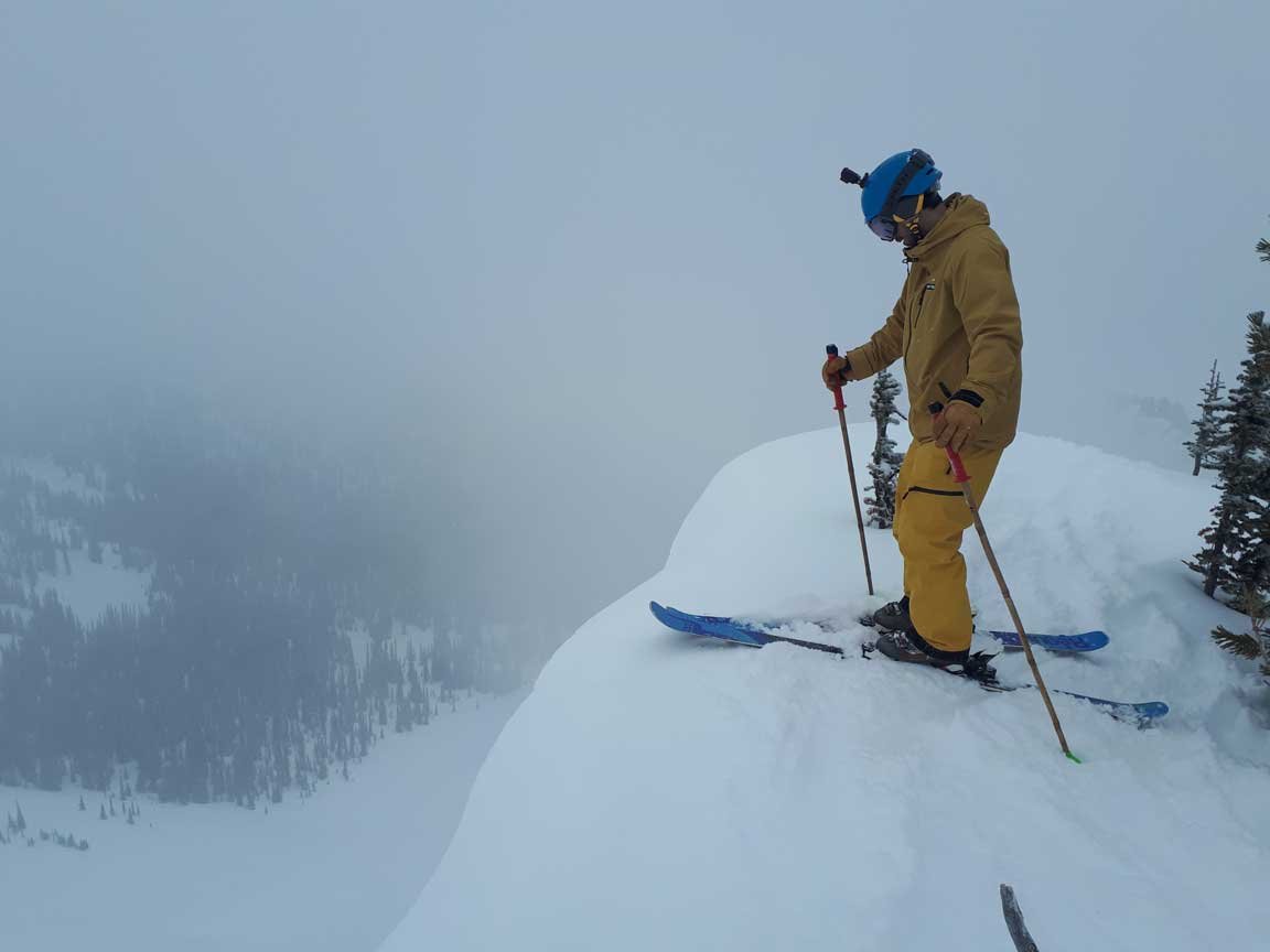 Skier on a backcountry ski touring and splitboard camp in BC.