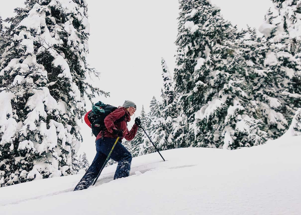 Ski touring on a backcountry ski course in BC.