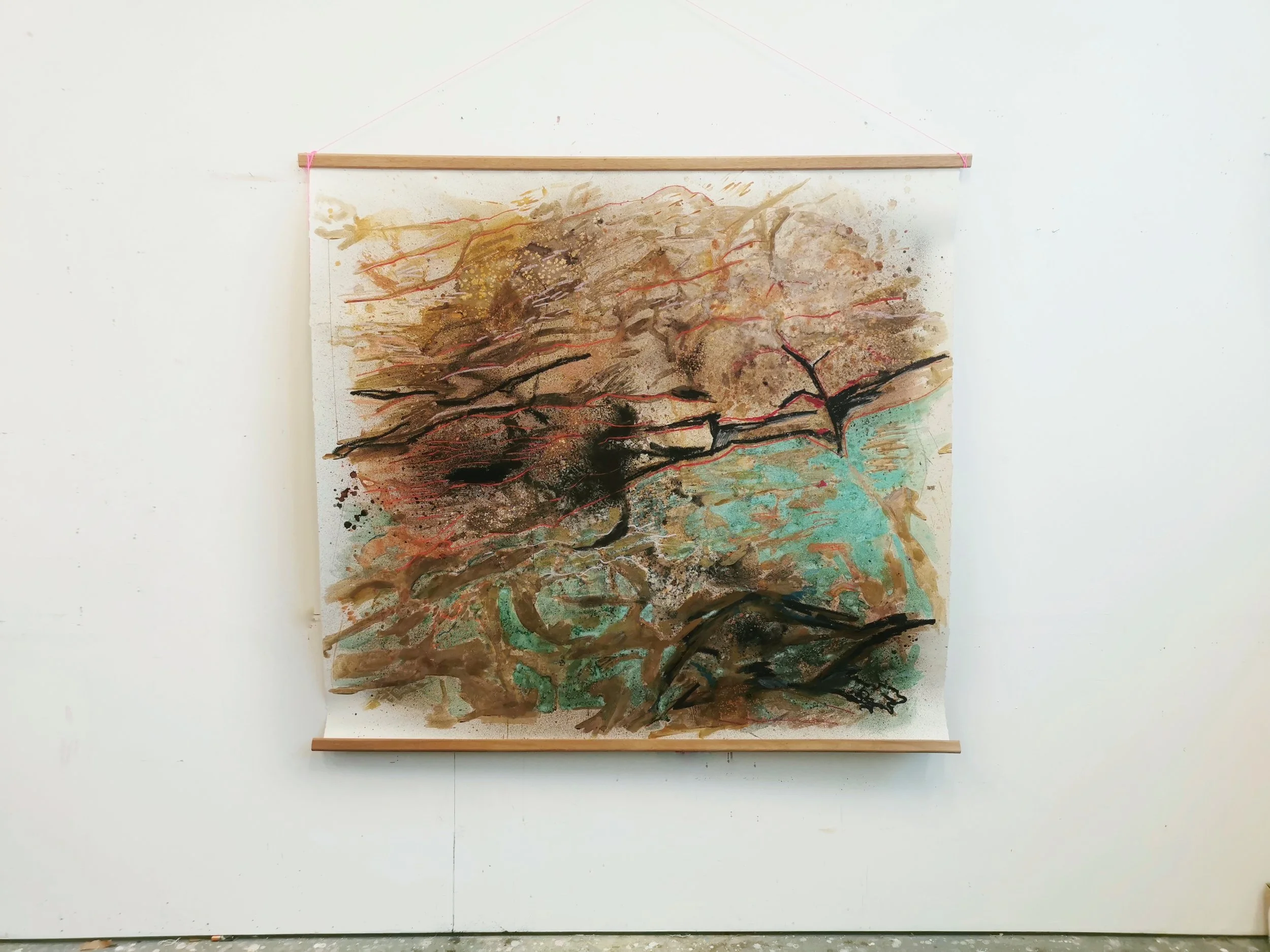 'Folds In Your Minerals' 2021 - Copper, Iron, Oakgall, Raghly Ochre, Iron Rich Ochre, Charred Kelp, oil pastel on paper. 140 x 130cm- Kari Cahill  .jpeg