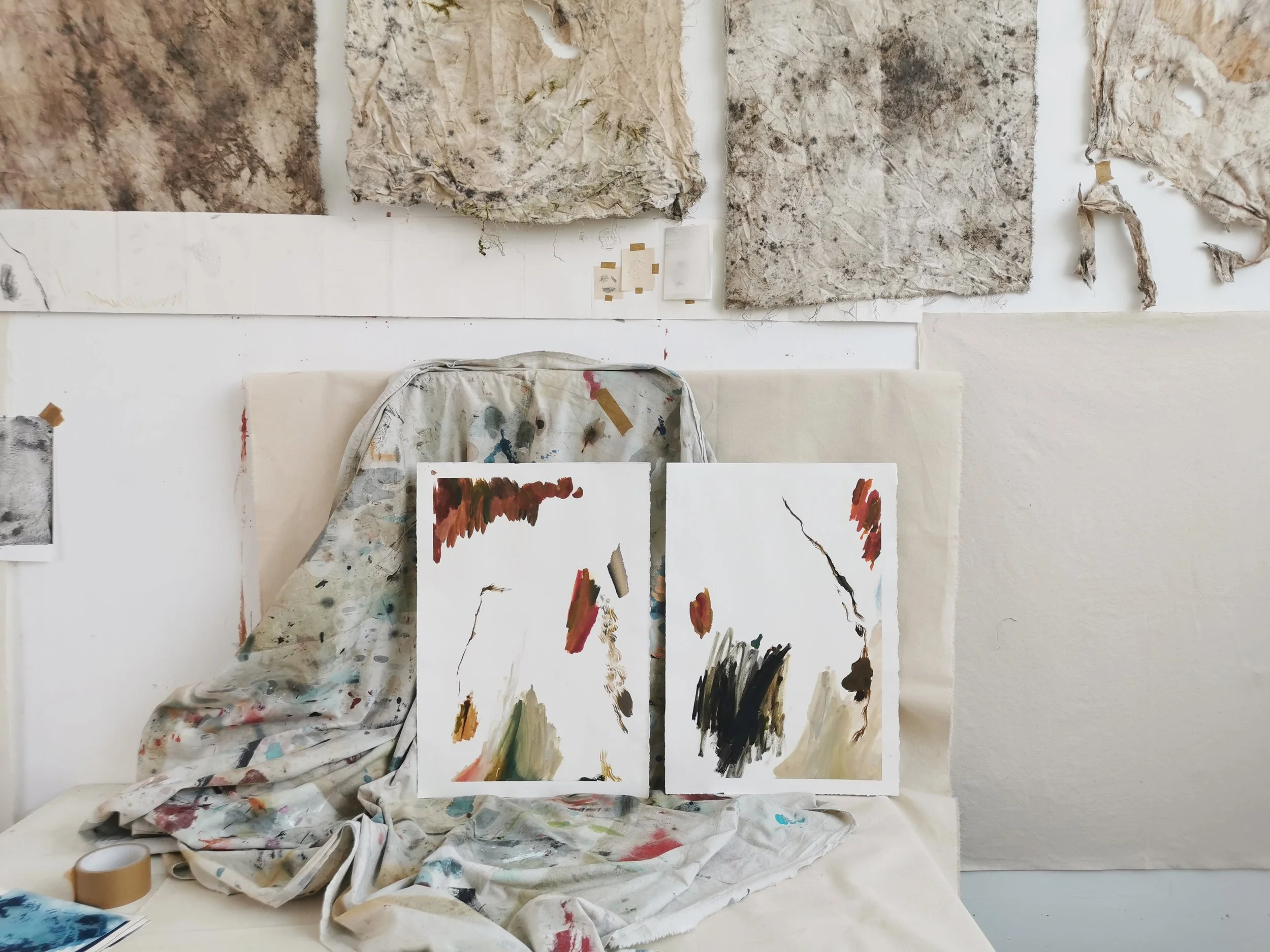 Soared Sland Spilled Slope Duo - 2x 38.5 x 56cm - Kari Cahill - OIl on paper- studio.jpg