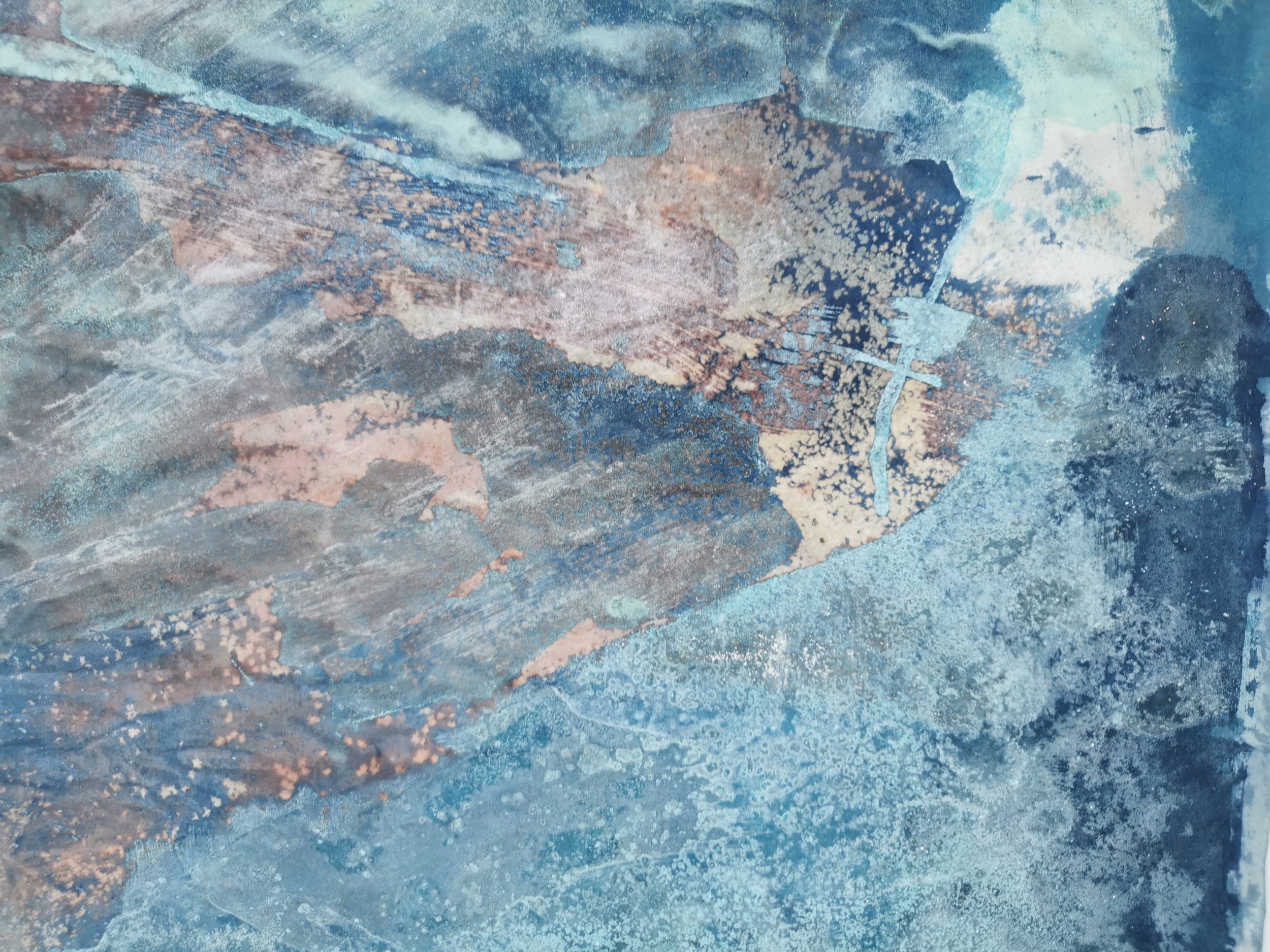 Hyaline of Fractures - Cyano, copper verdigris, copper oxide, soda, citric acid on canvas - 140 x 100cm - Kari Cahill detail2.jpg