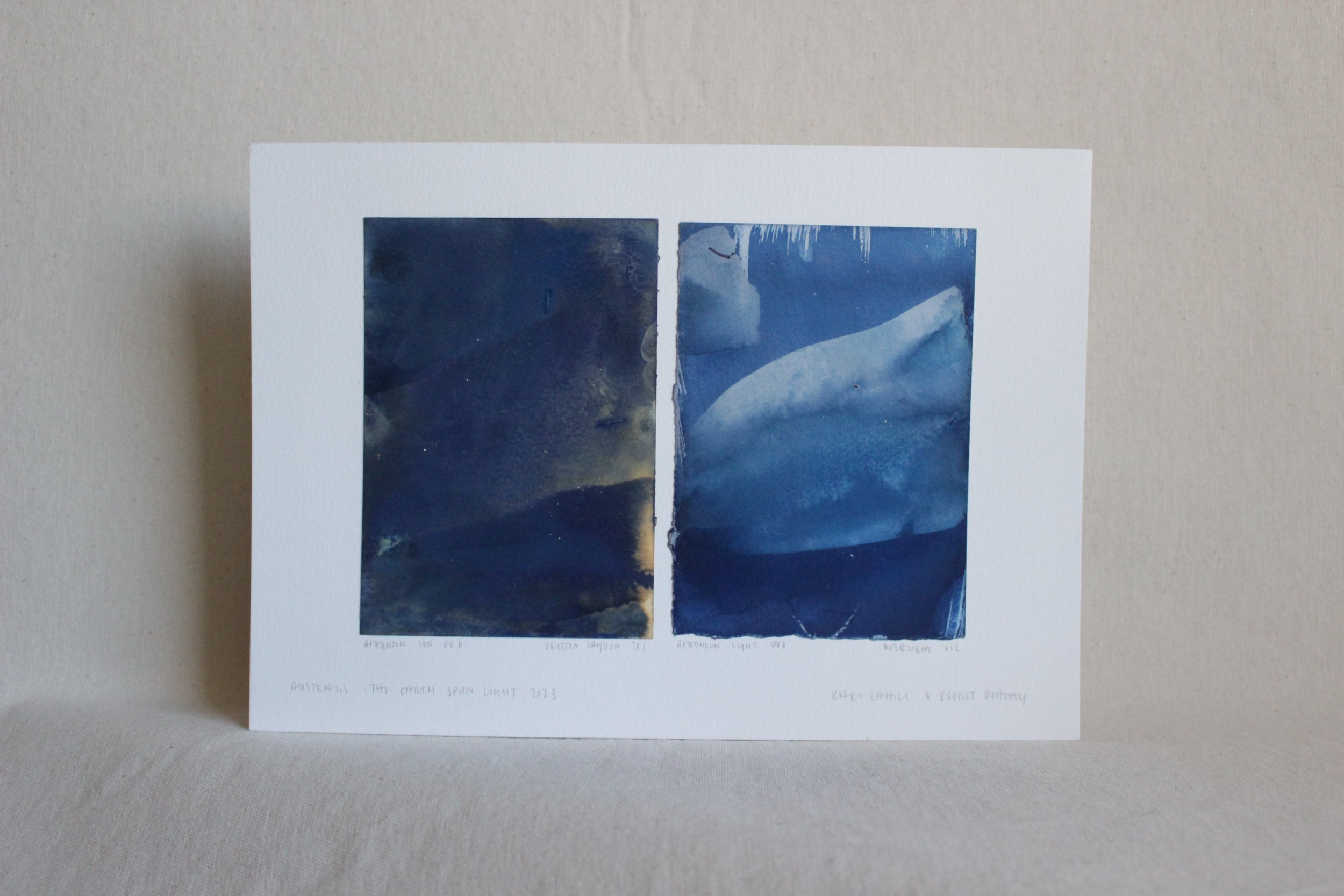 Diptych Orielton Lagoon Melbourne iii - Australis - Cyanotype, Soda, Vinegar on paper - 297x210 - The Earth Spun Light - Kari Cahill Robert Doherty - 2023 2.JPG
