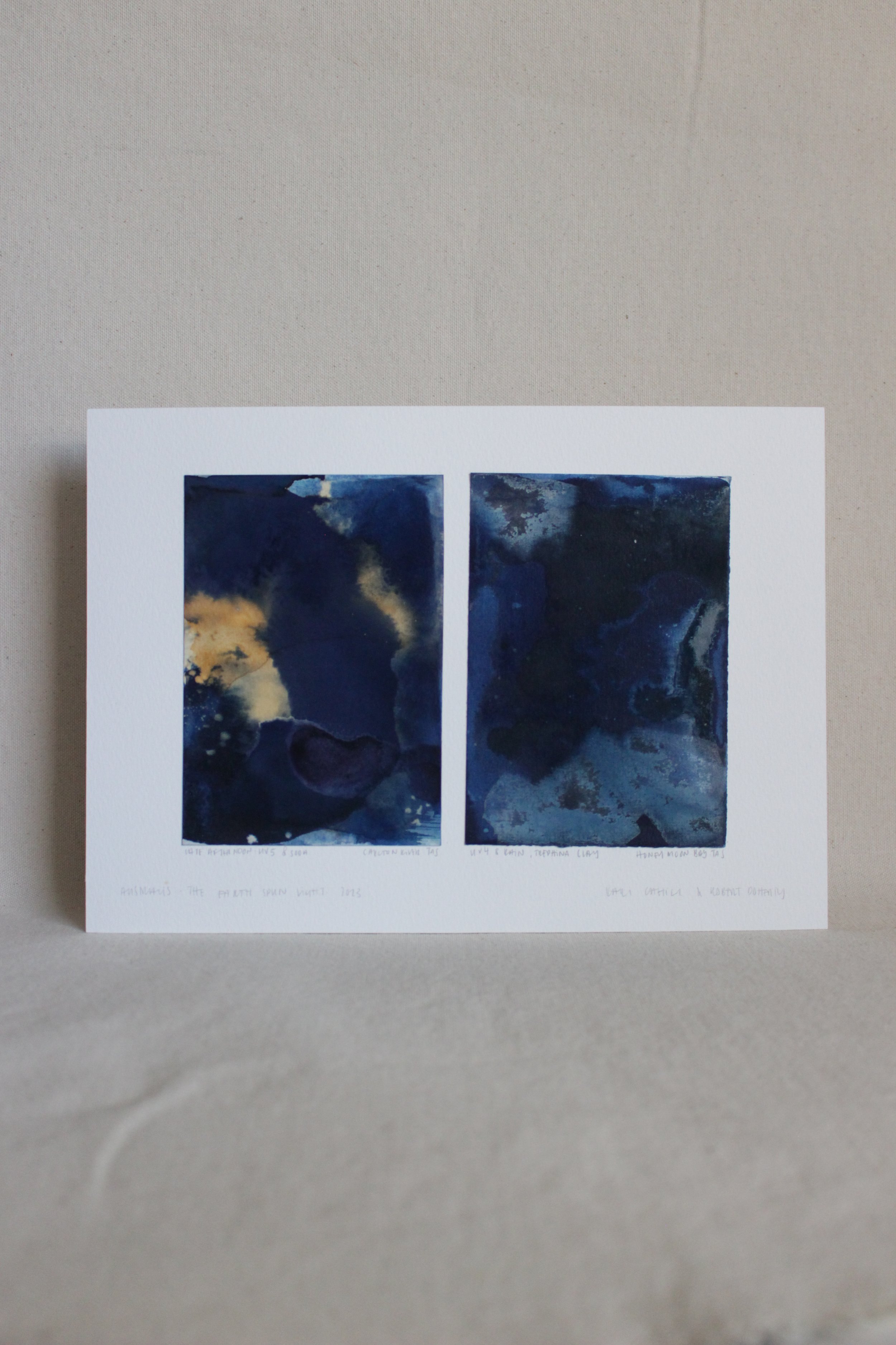 Diptych Carlton River Honeymoon Bay iii - Australis - Cyanotype, Soda, Vinegar, Trephina clay, Barossa tannins on paper - 297x210 - The Earth Spun Light - Kari Cahill Robert Doherty - 2023 3.JPG