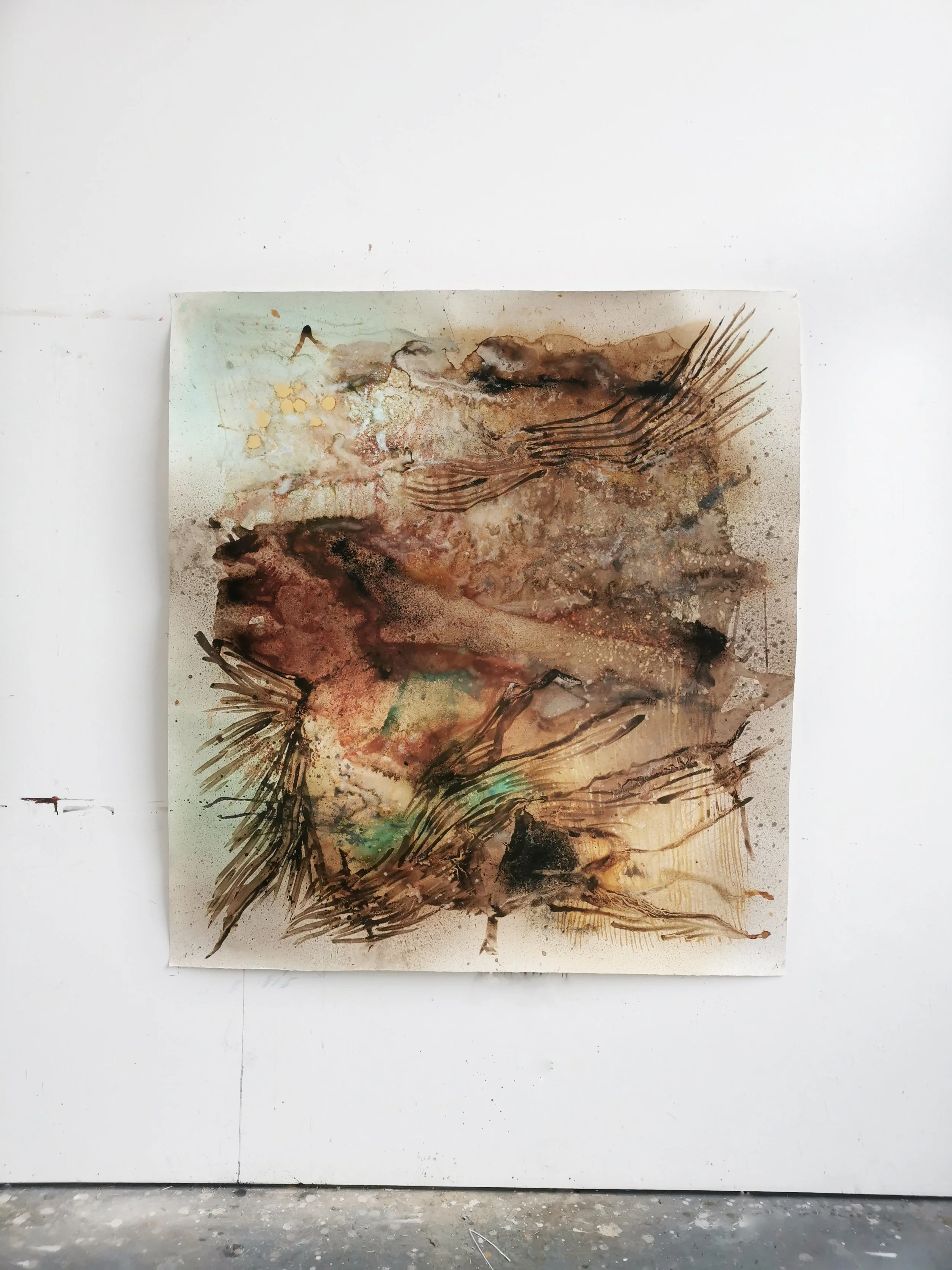 'Of Fossilised Peat' 2021 - Copper, Iron, Oakgall, Iron Oxide, Iron Rich Ochre, Charred Kelp, Peat Ink on paper. 140 x 130cm- Kari Cahill.jpeg